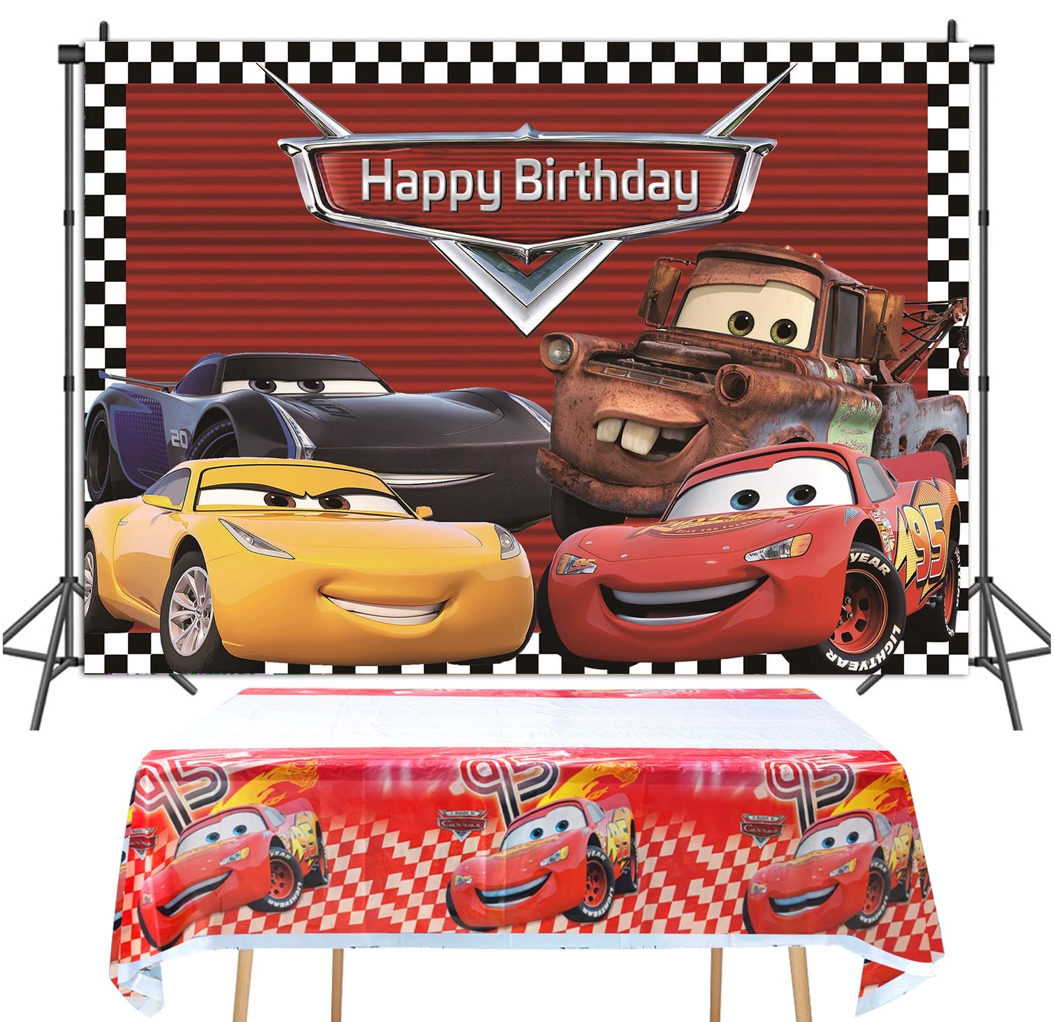 Car Racing Themed Backdrop & Tablecloth 70x42in - Cartoon Cars Birthday Party Decorations, Banner (6x4ft) for Kids' Racing Themed Parties, Baby Showers & Photo Booths