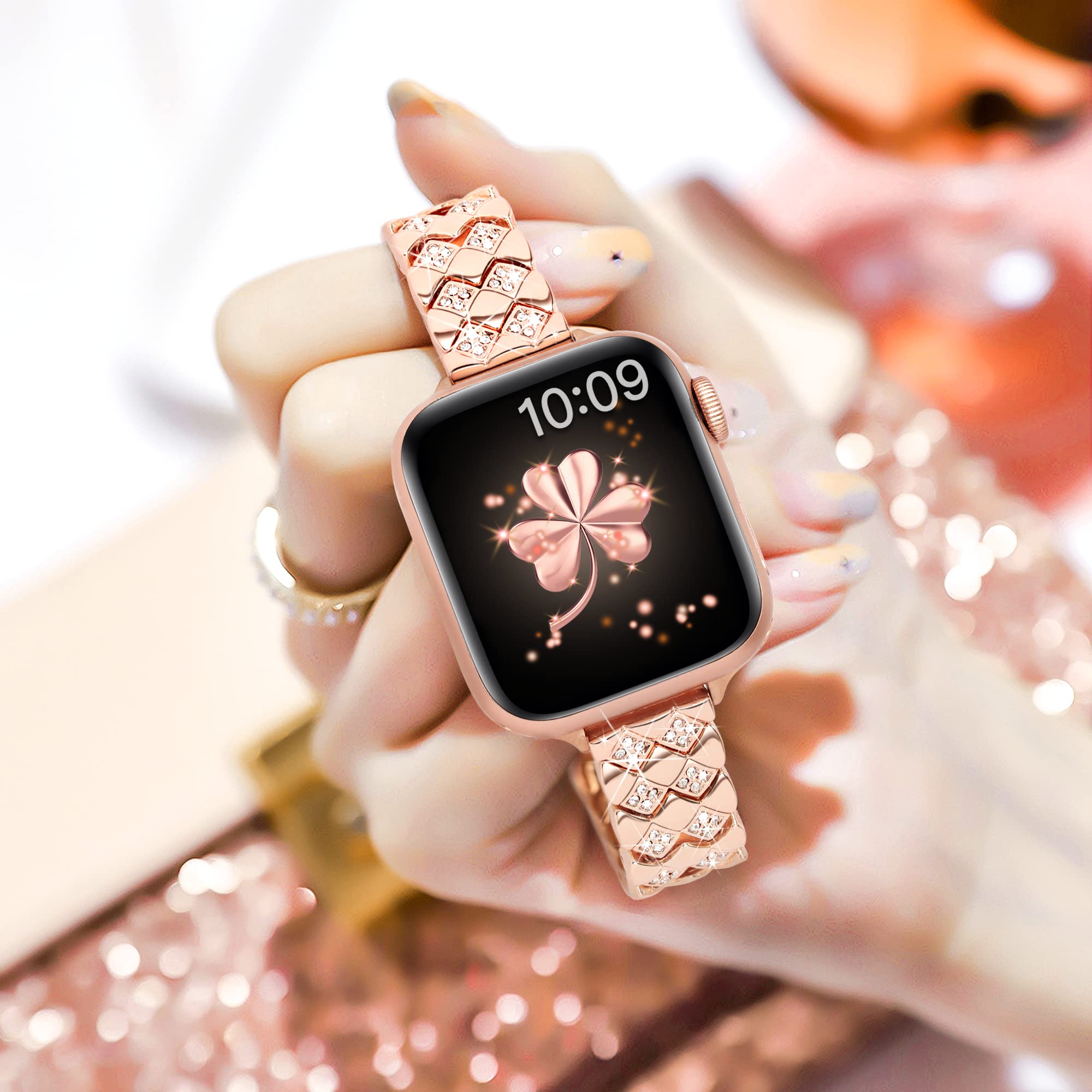 Vamyzji Compatible Apple Watch Band 42mm 41mm 40mm 38mm - Slim Metal Strap for Apple Watch Series 10/9/8/7/6/5/4/3/2/1/SE - Bling Luxury Fashion iWatch Band for Women Rose Gold - Perfect for Work, Party & Everyday Wear