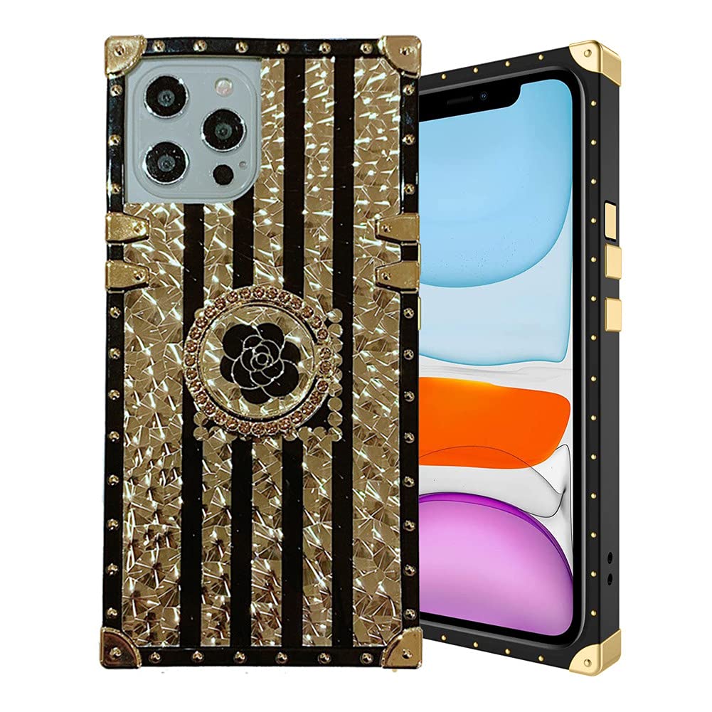 Vintage Square Glitter Phone Case for Samsung Galaxy A72 - Soft TPU with Metal Edge Bumper, Ring Holder & Kickstand | Elegant Floral Design, Shockproof Protection | Perfect Gift for Women & Girls (Office, Travel, Daily Use)