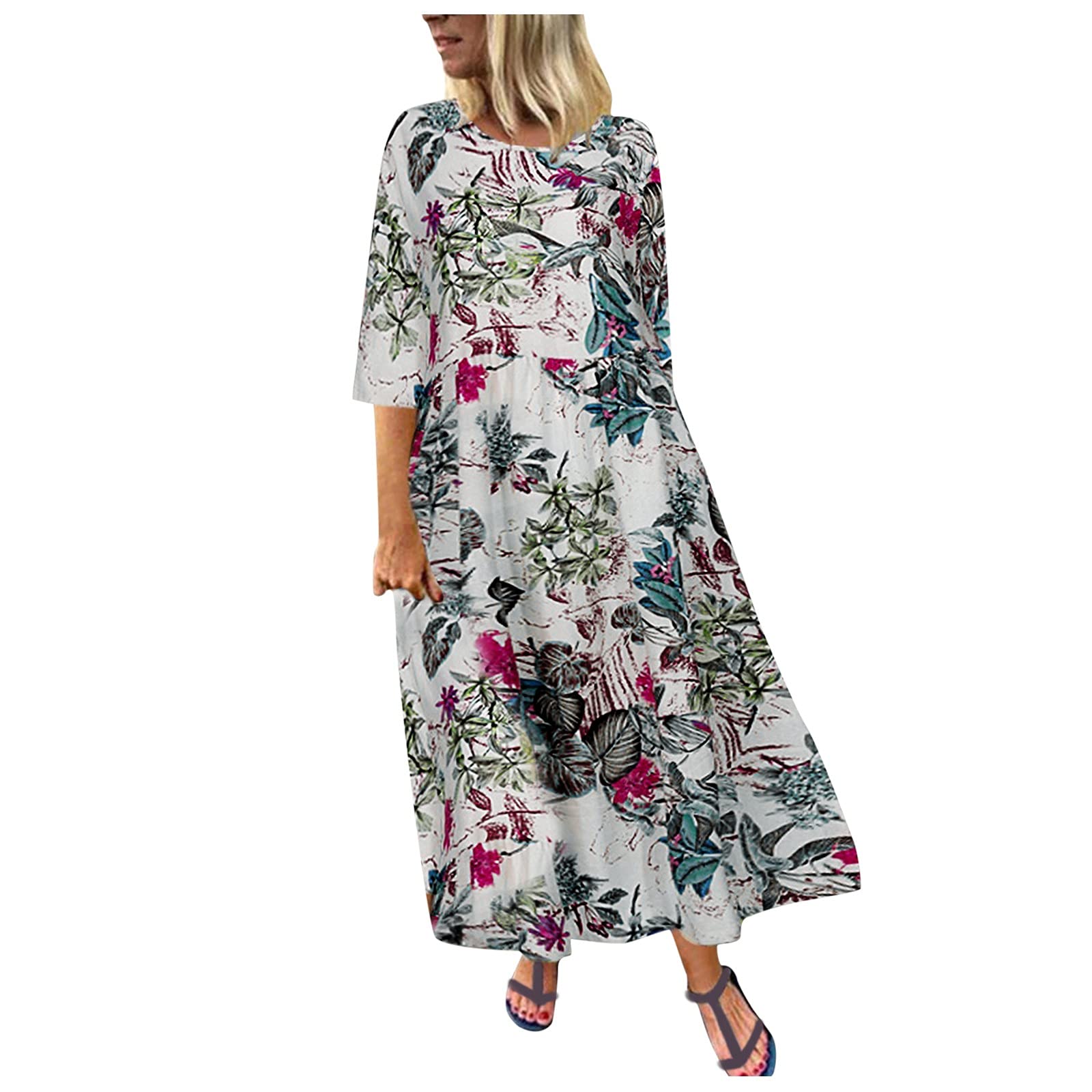 Vintage Floral Print Women's Maxi Dress - Bohemian Long Sleeve Summer Tunic Dress for Casual Wear | Perfect for Beach, Vacation & Boho Fashion Outfits