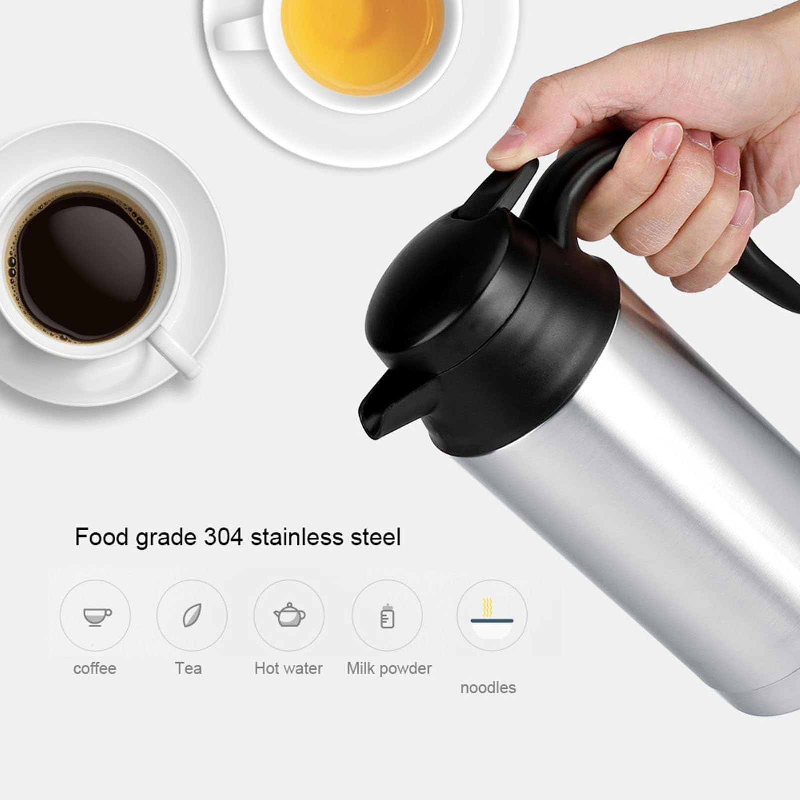 Portable 12V Stainless Steel Electric Car Kettle - DC 12V Auto Travel Coffee Mug with Cigarette Lighter Charger, Insulated Stainless Steel Thermos for Road Trips, Camping & Office Use