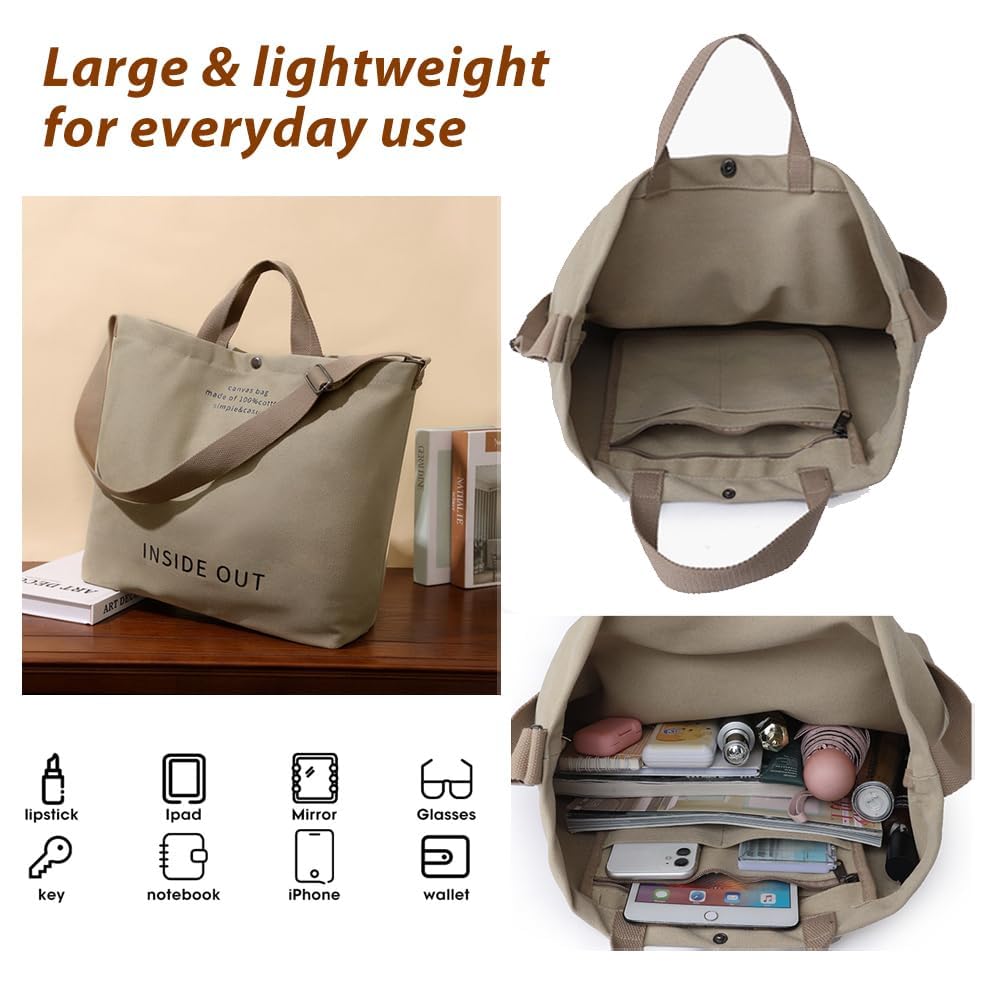 Stylish Women's Large Canvas Tote Bag - Casual Shoulder Work Bag with Crossbody Strap & Top Handle - Perfect for Office, Travel, Shopping & Daily Use