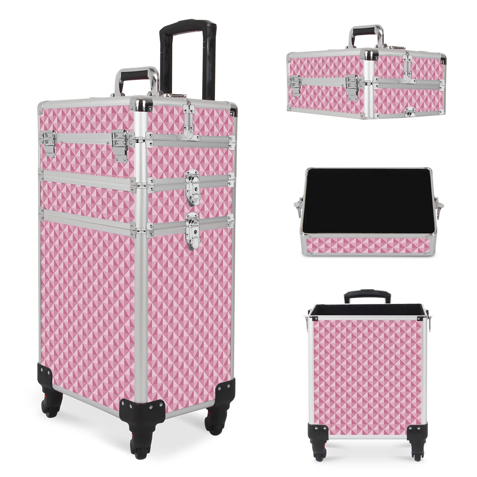 3-in-1 Professional Rolling Makeup Case with Lock & Wheels | Large Cosmetic Storage Trolley for Beauty Artists | Travel-Friendly Pink Train Case (0079) | Perfect for Salon, Mobile Makeup Services & Travel Organization