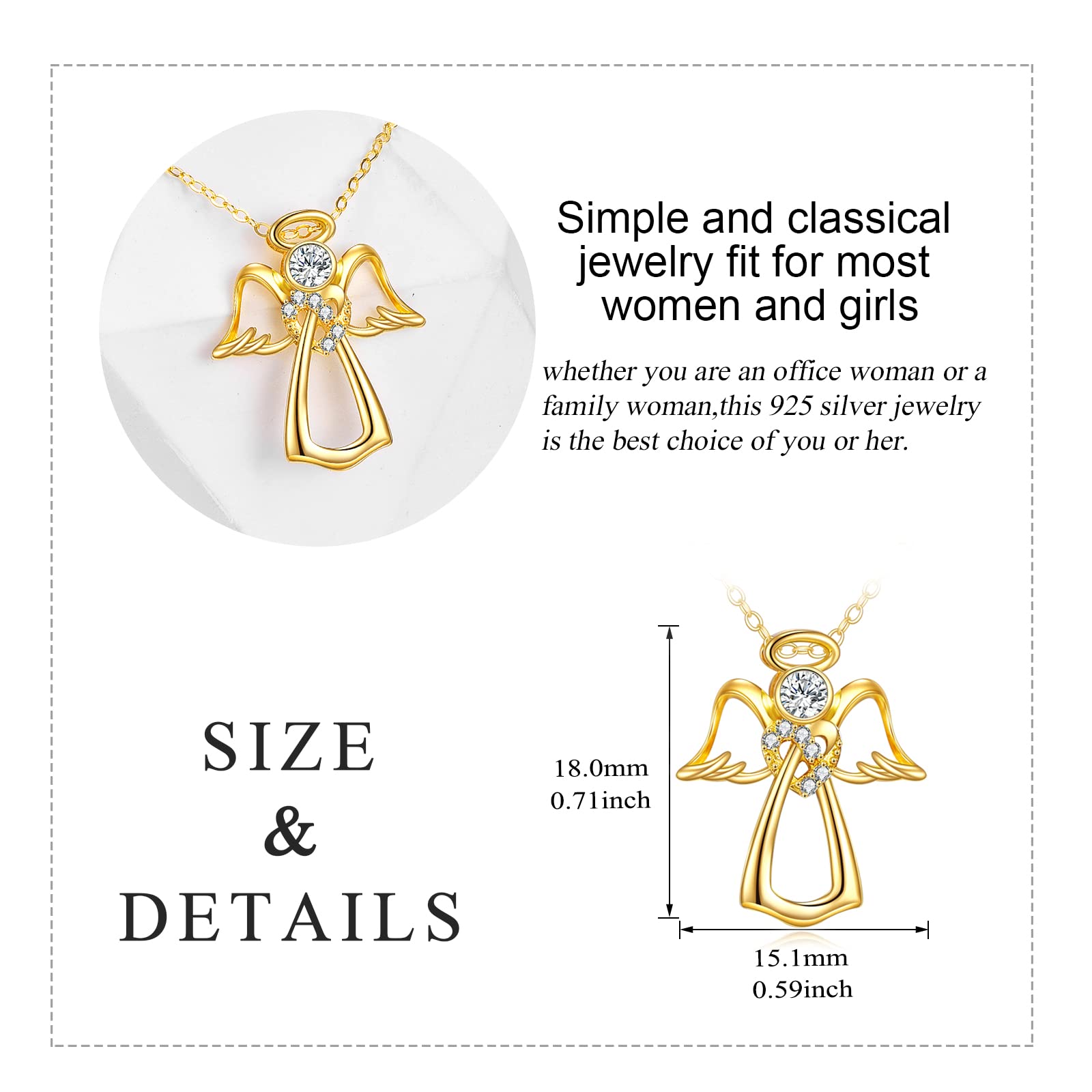 14K/18K Yellow Gold Guardian Angel Necklace with Heart Crystal & Angel Wings Pendant - Elegant Gift for Women, Girls, Wife, Daughter, Girlfriend - Perfect for Birthdays, Anniversaries, Christmas & Special Occasions