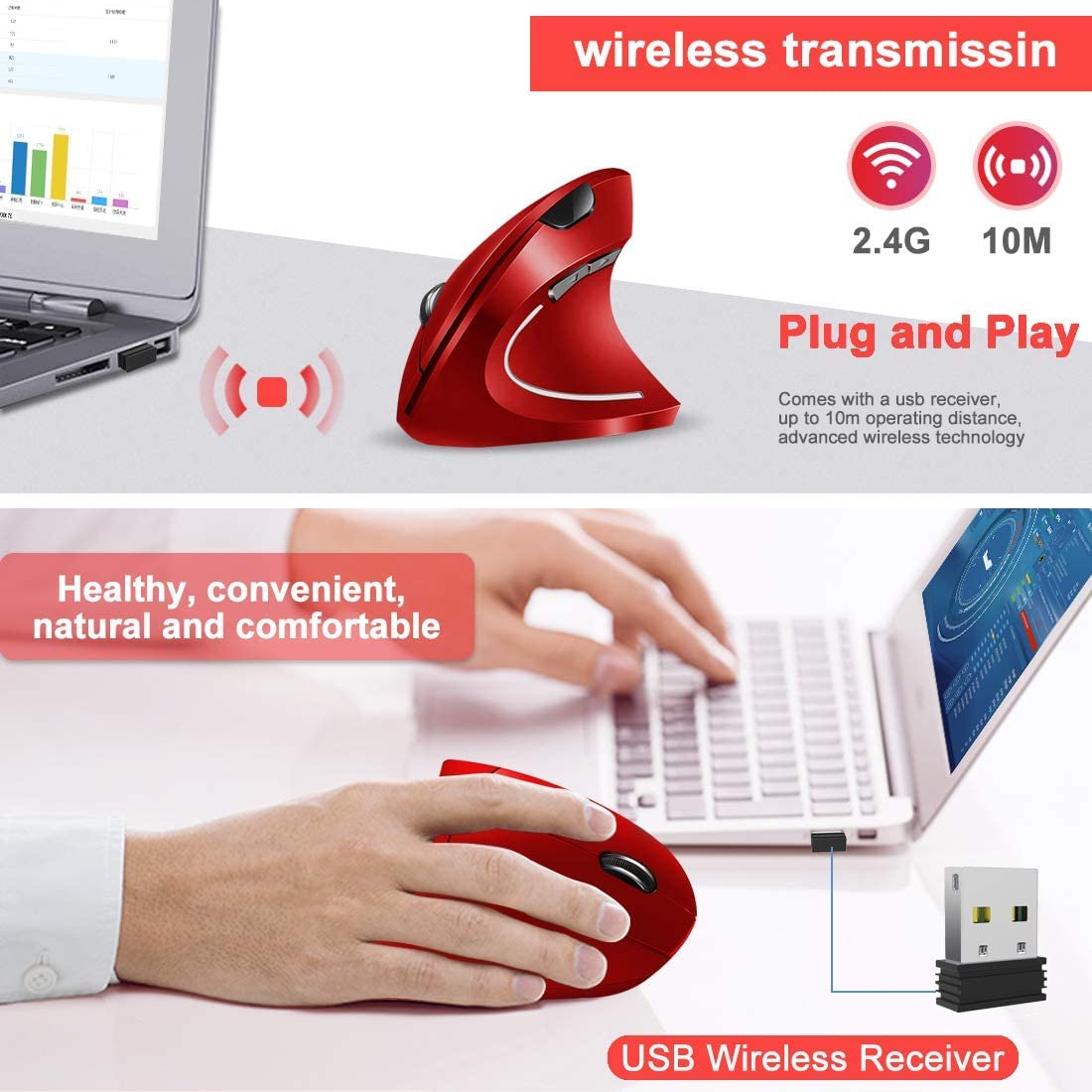 Vassink Ergonomic Rechargeable Wireless Mouse - 2.4GHz Vertical Optical Mouse with USB Receiver, 6 Buttons, 800/1200/1600 DPI Adjustable, Red - Perfect for Office, Gaming & Home Use
