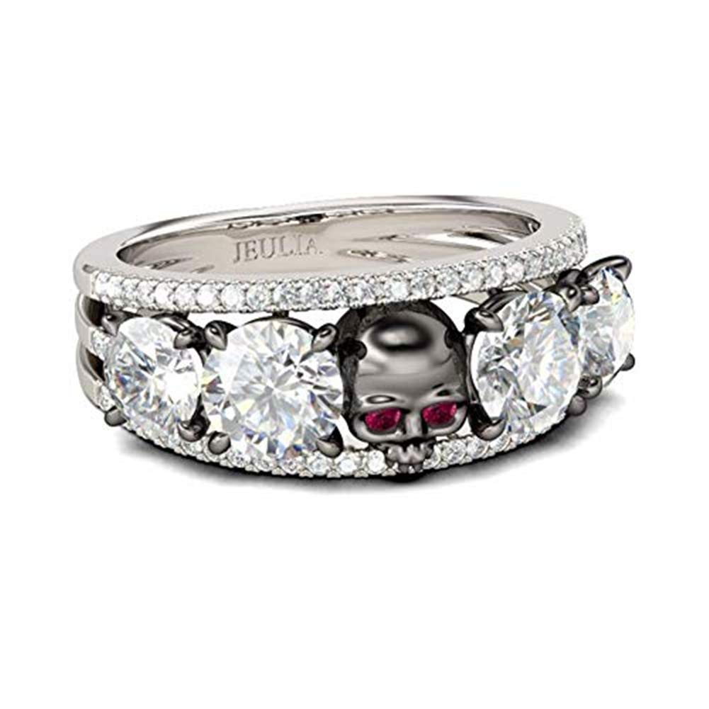 Jeulia Women's 3 Carat Two-Tone Skull Wedding Ring in 925 Sterling Silver with Round Cut Ruby Stones - Eternity Engagement Band, Anniversary Promise Ring for Her, Romantic Jewelry Gift for Bride (Perfect for Gothic Weddings, Alternative Fashion & Unique Proposal Gifts)