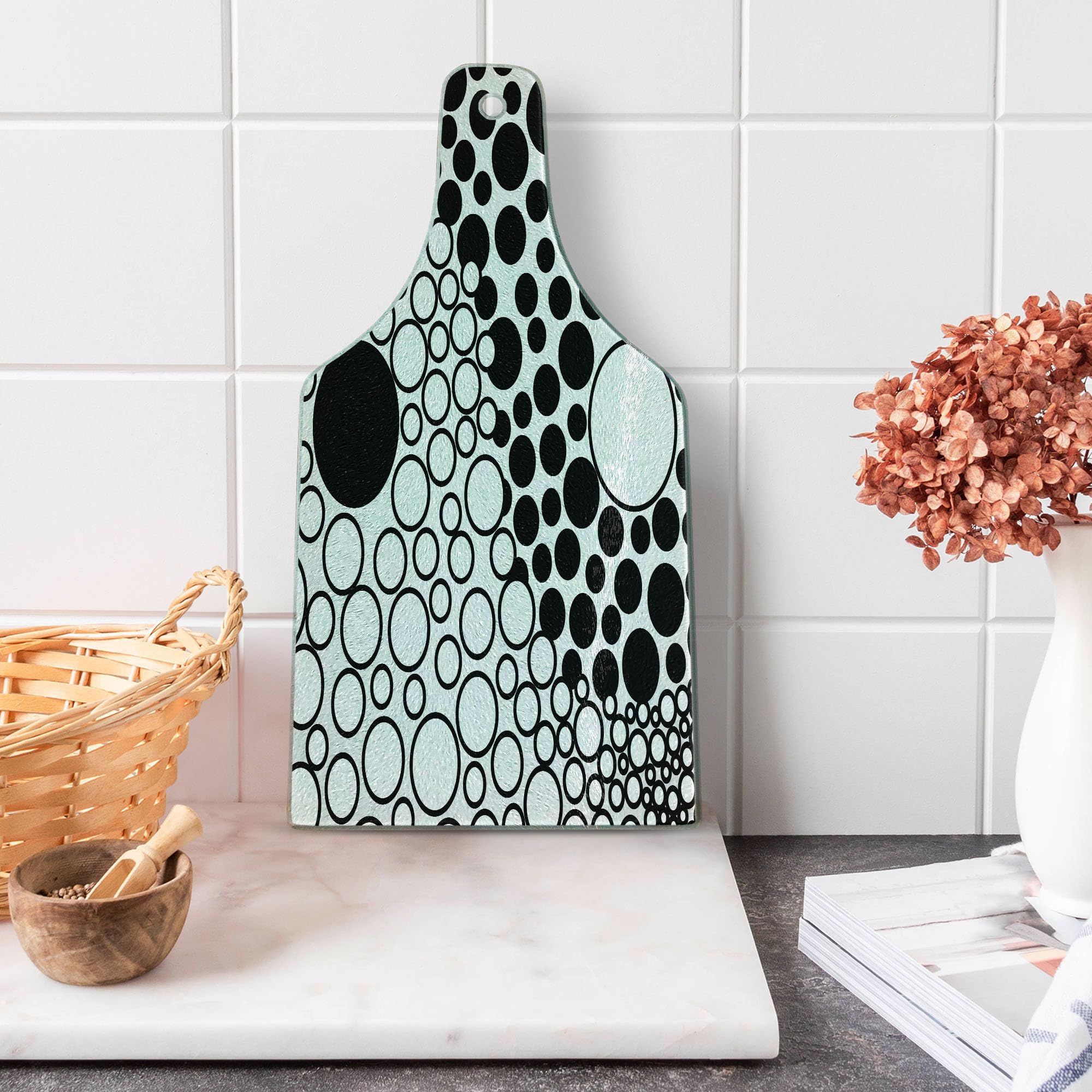 Ambesonne Yin Yang Cutting Board - Black & White Abstract Design with Retro Dots - Tempered Glass Serving Board for Kitchen & Dining - Perfect for Charcuterie, Cheese Display & Wine Bottle Serving