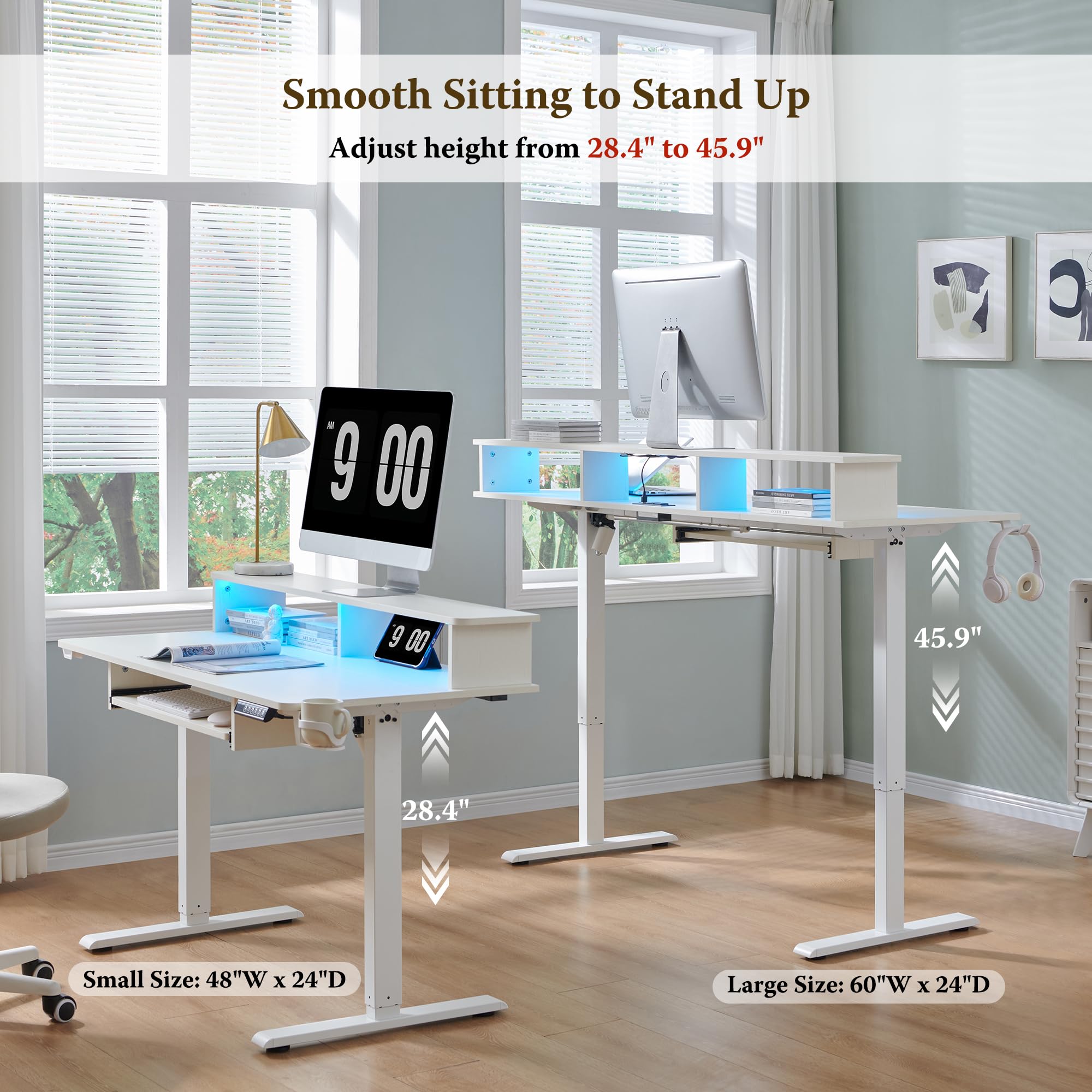 RedLemon 60 Inch Electric Height Adjustable Gaming Desk with Power Outlets, LED Lights, Keyboard Tray & Monitor Shelf - Ergonomic Standing Computer Desk for Home Office, Gaming Setup & Workstation (White)