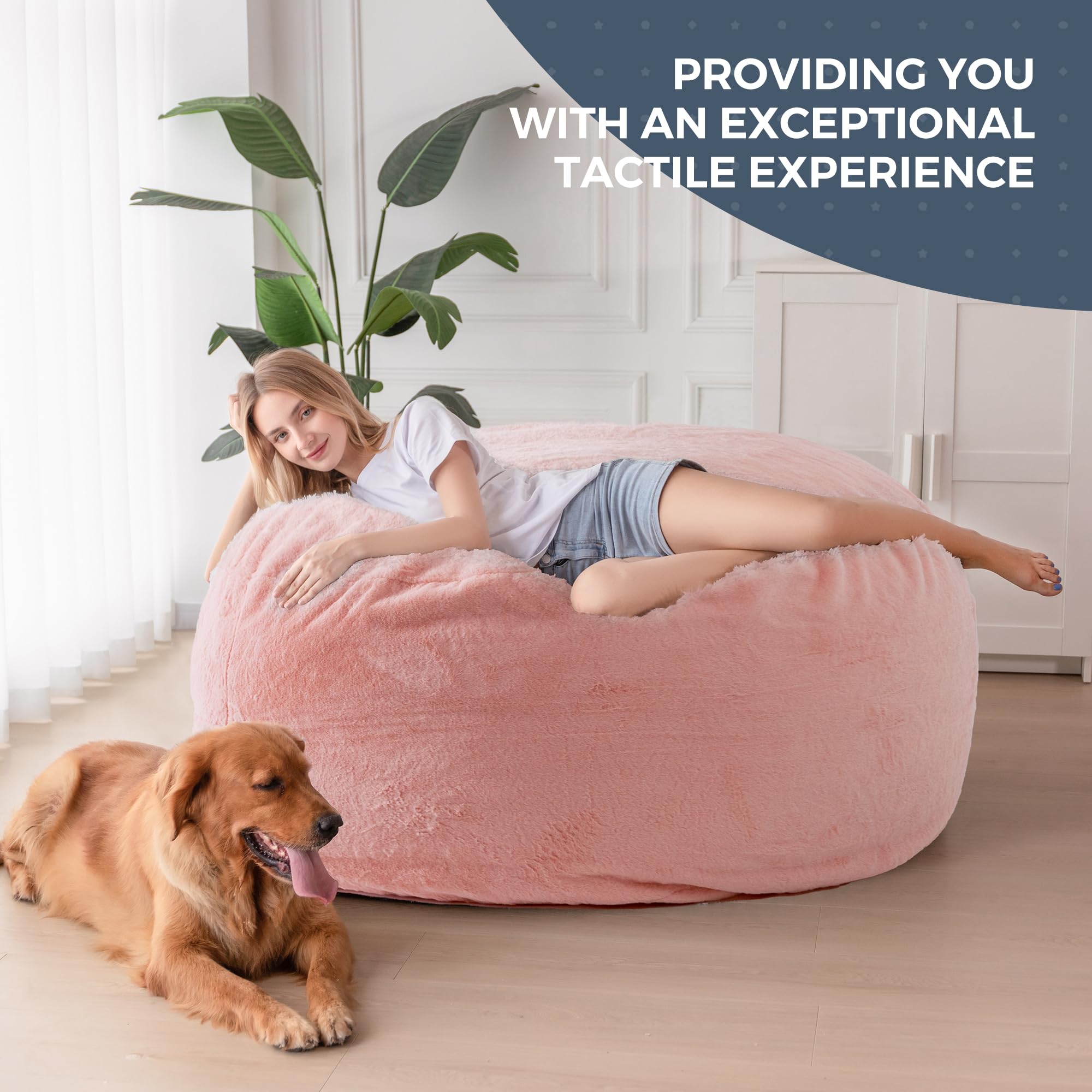 MAXYOYO Giant Faux Fur Bean Bag Chair - Convertible to Floor Mattress Bed, Pink | Ultra Soft Oversized Lounger for Living Room, Bedroom & Dorm | Perfect for Relaxing, Gaming & Sleepovers