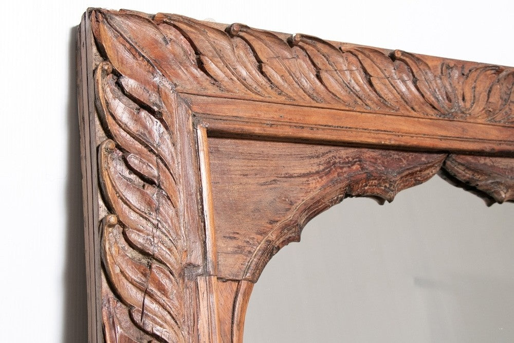 Hand Carved Indian Arched Window Frame Mirror - Brown Wooden Wall Decor for Living Room, Bedroom & Entryway - Boho Home Decor & Unique Gift Idea