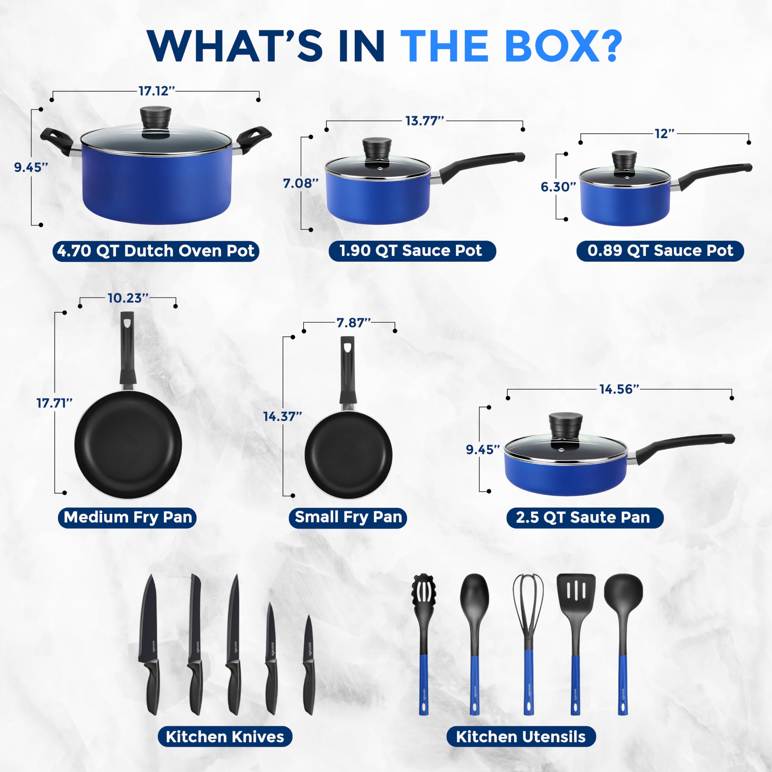 SereneLife 20-Piece Blue Nonstick Cookware Set with Knives, Pots, Pans & Utensils - Heat Resistant, Dishwasher Safe Kitchenware for Cooking, Baking & Meal Prep - Perfect for Home Chefs & Family Dinners