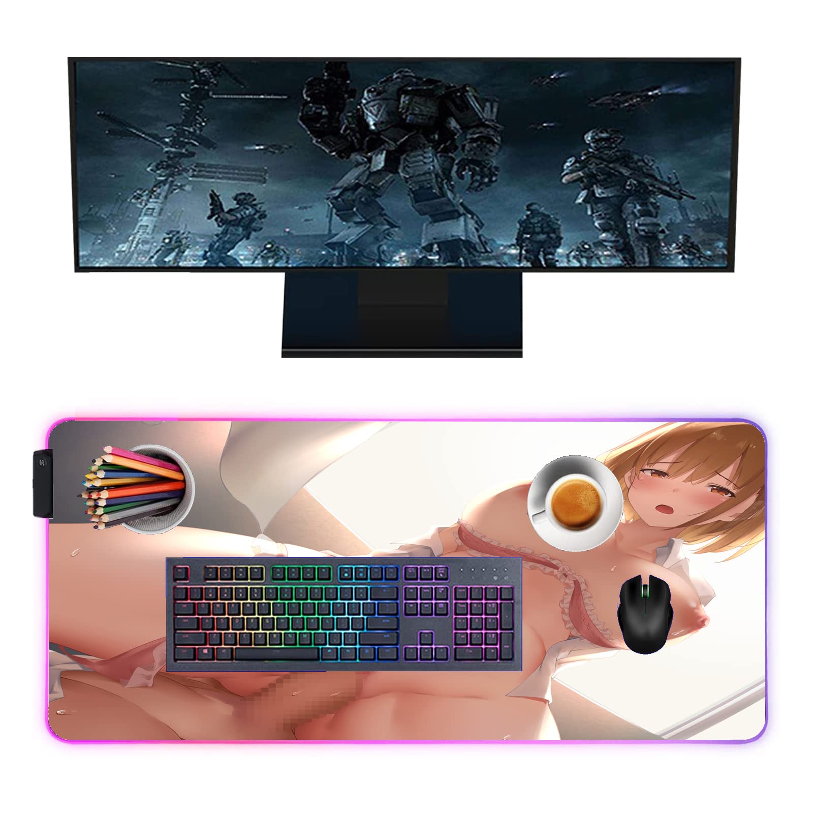 RGB Gaming Mouse Pad with LED Backlit - Large 39.37 x 19.68 Inch Anime Girl Design Desk Mat for Computer & Keyboard | Perfect for Gamers, Office & Home Workspace