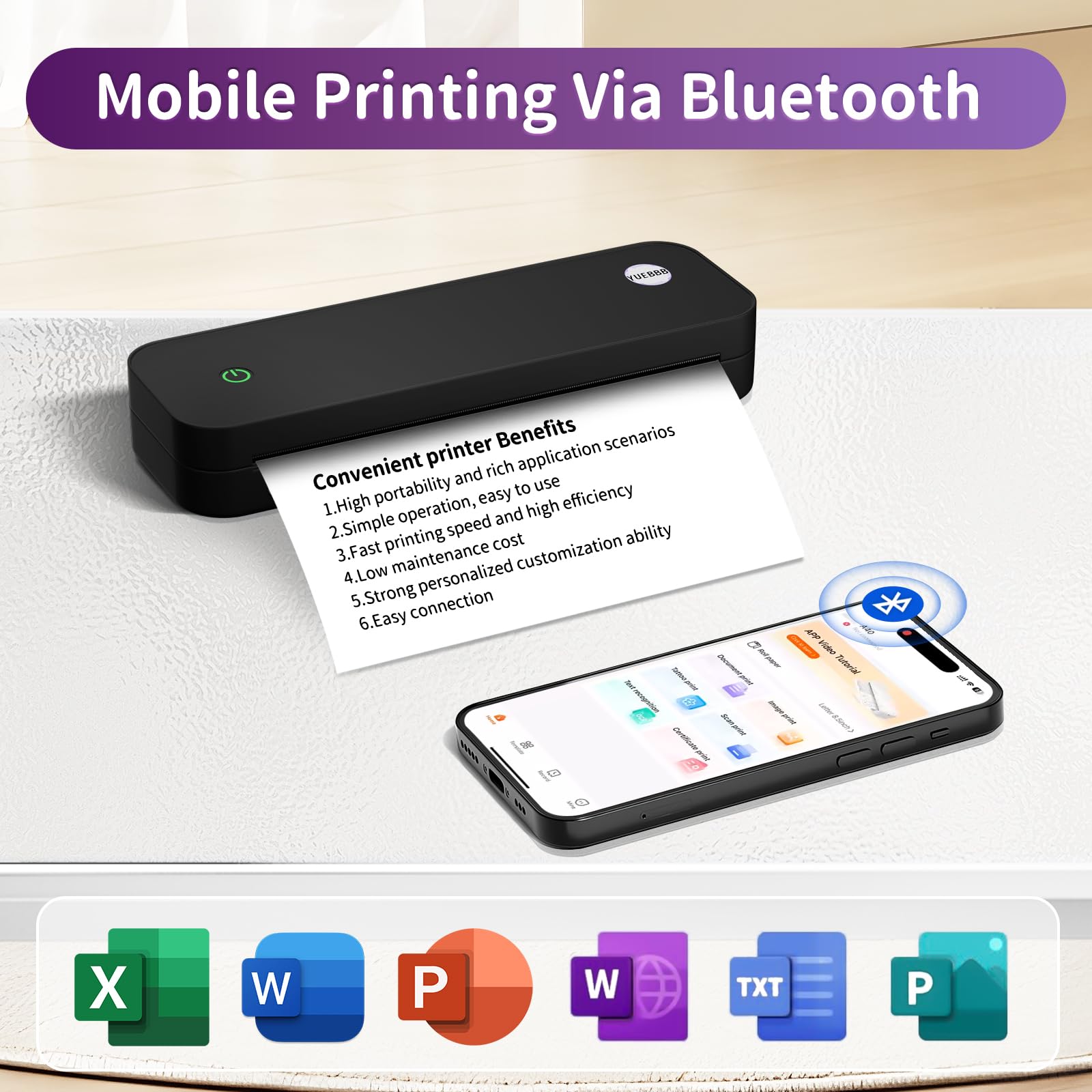 Wireless Portable Printer for Travel - Inkless Thermal Printer with A4, A5 & 8.5x11 Paper Support - Compatible with iOS, Android, Windows (Black) - Perfect for Office Work, Home Printing, School Projects & On-the-Go Documents
