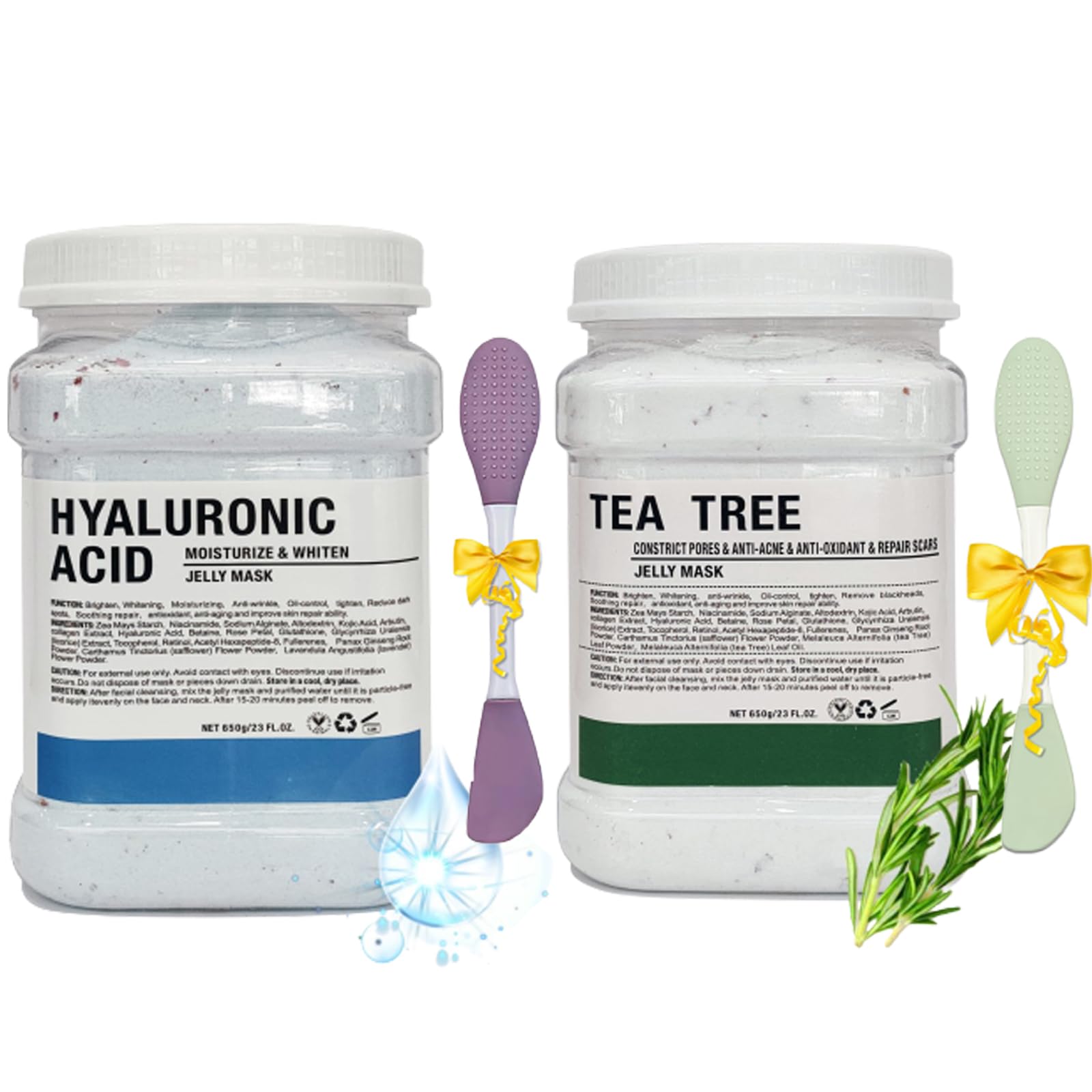 Hydrating Hyaluronic Acid Jelly Face Mask Powder with Tea Tree Extract - 23 Fl Oz for Deep Moisturizing & Acne Care - Includes Double-Ended Silicone Brush - Perfect for Spa Night & Self-Care Routine