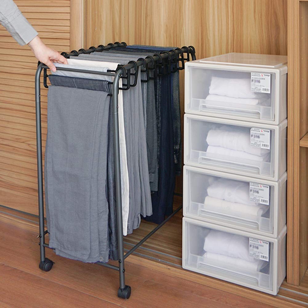 Space-Saving 3-Tier Rolling Pants Organizer with 10 Hangers & Wheels - Perfect for Jeans, Trousers, Scarves - Ideal for Closet, Bedroom & Dorm Organization