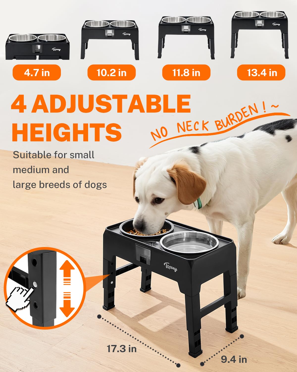 Toozey Elevated Dog Bowls Set - 2 Large 68oz Stainless Steel Bowls & 1 Slow Feeder - Adjustable Height (4 Levels) for Large, Medium & Small Dogs - Spill-Proof Design with Water Collection Tray - Perfect for Mealtime, Digestion & Mess-Free Feeding (Black)