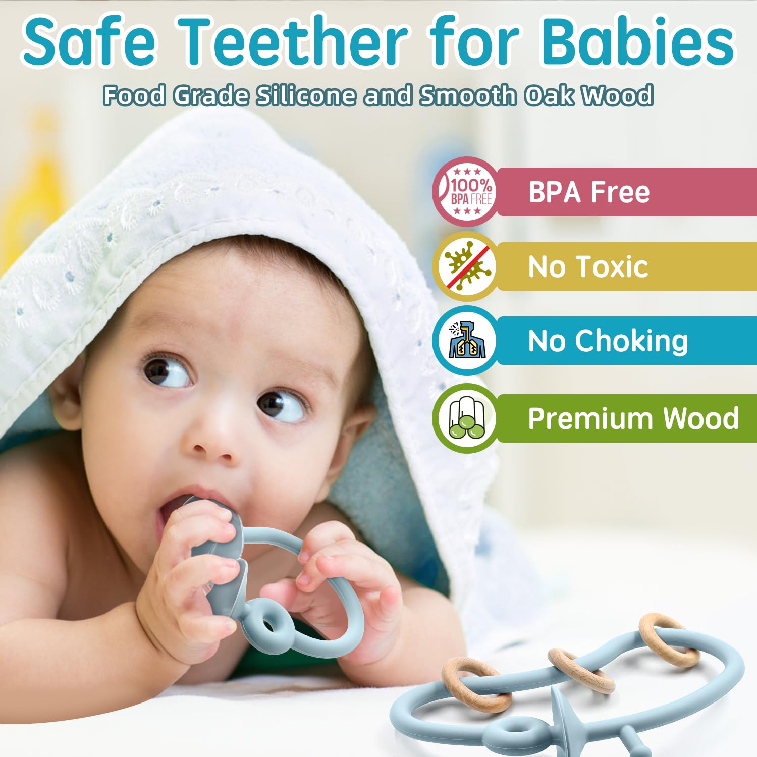 Baby Sensory Teething Chew Toy - Food Grade Silicone Teether with Oak Loop for Infants 6-24 Months | Montessori Educational High Chair Suction Toy & Bath Toy for Toddlers | Perfect for Soothing Gums, Playtime & Parent-Child Bonding (Blue)