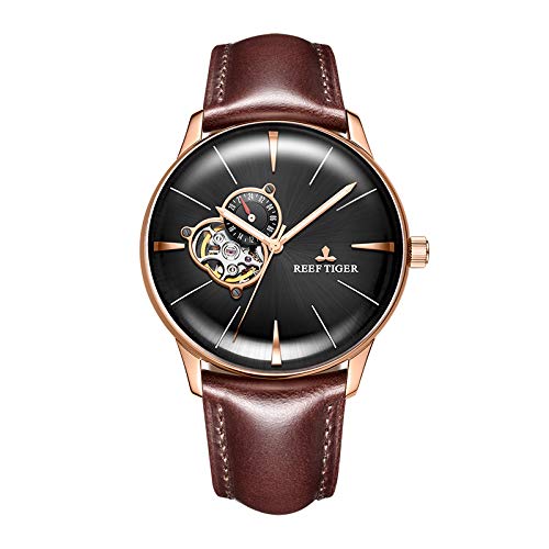 REEF TIGER Luxury Men's Rose Gold Automatic Tourbillon Dress Watch with Leather Strap RGA8239 - Perfect for Formal Events, Business Meetings & Special Occasions
