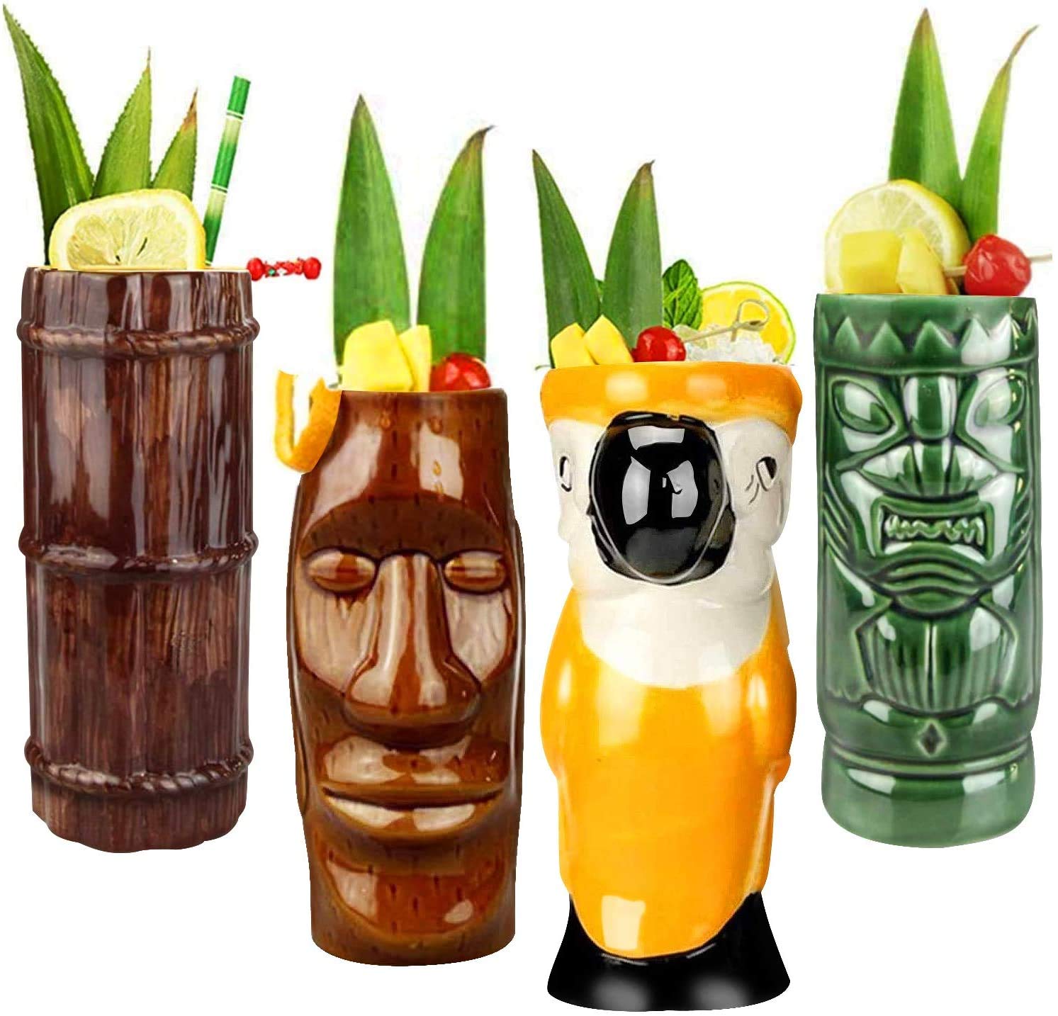 LINALL Tiki Mugs Cocktail Set of 8 - Ceramic Hawaiian Party Cups for Exotic Drinks, Tropical Themed Barware - Perfect for Luau, Beach Parties & Home Decor (8pcs)