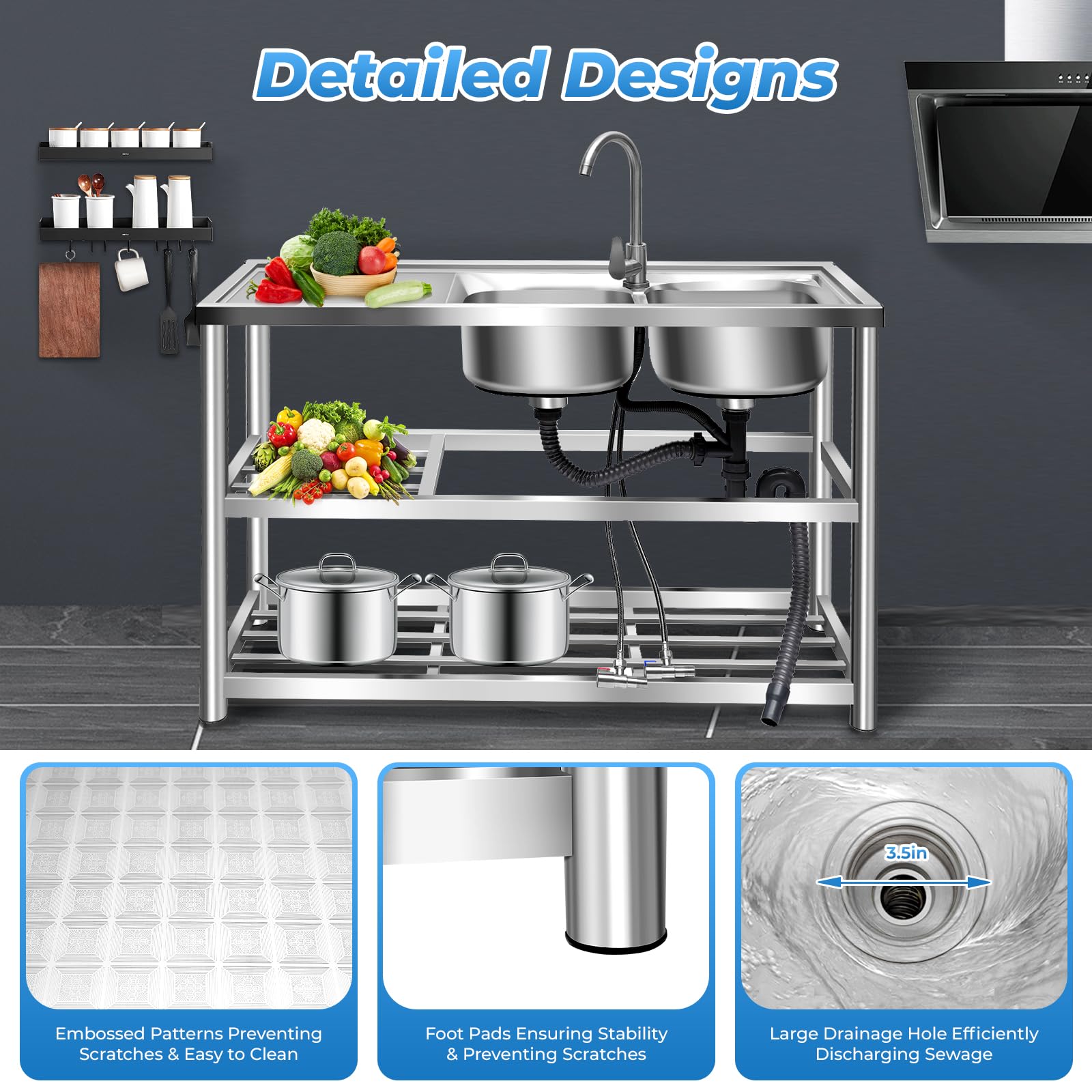 **Commercial 304 Stainless Steel Double Bowl Restaurant Sink with Storage Shelves & Drainer Faucet Combo – Heavy-Duty Kitchen Utility Sink for Restaurants, Cafes, and Food Prep Areas**