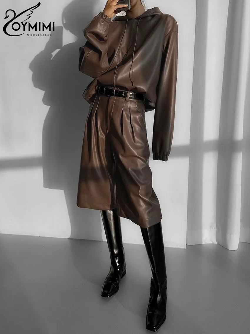 Stylish Brown PU Leather 2-Piece Outfit for Women - Winter Long Sleeve Hooded Shirt with High Waist Pants Set | Perfect for Casual Wear, Office Outfits, and Winter Fashion