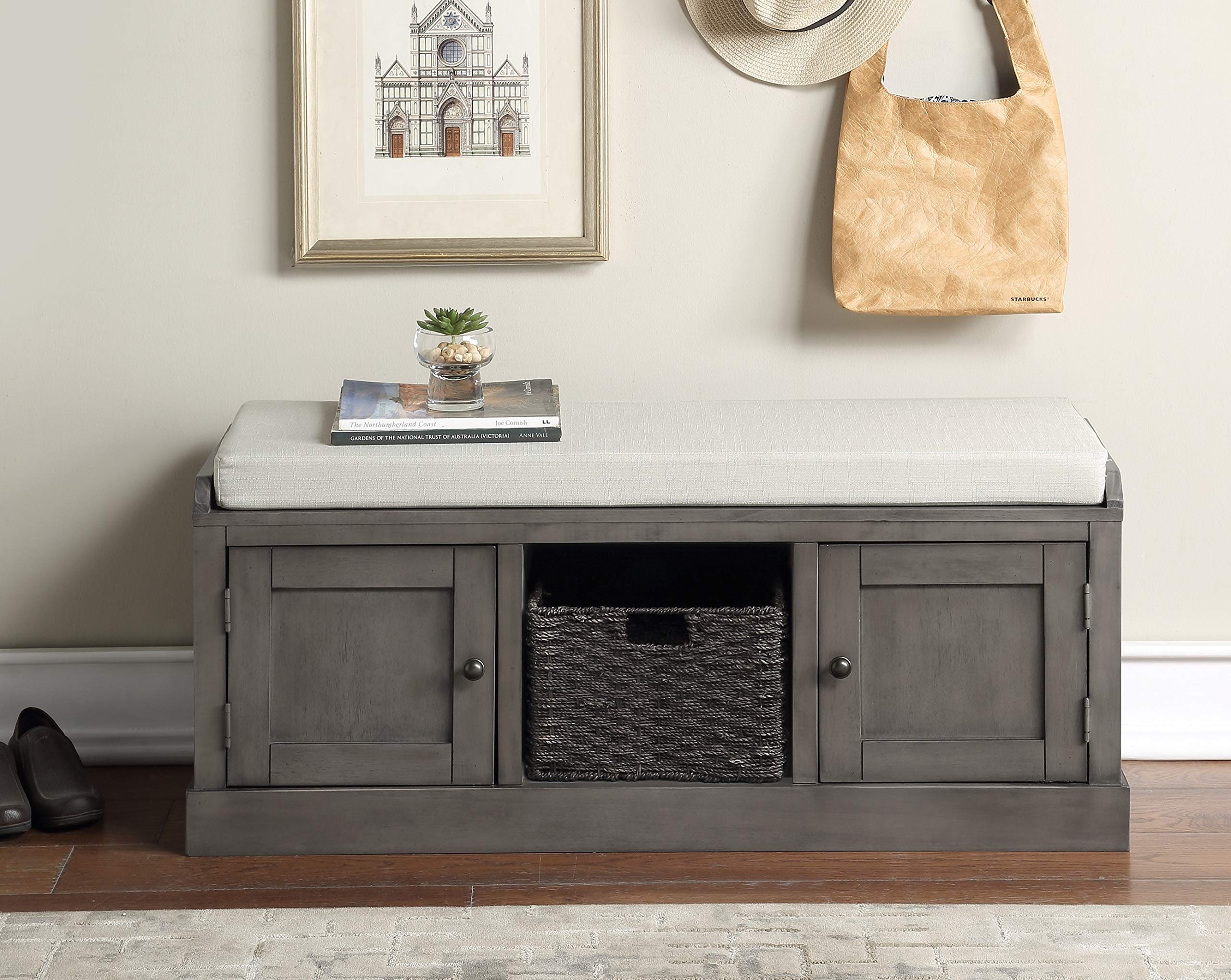 Grey Entryway Storage Bench with Cushioned Seat - Shoe Rack with Cabinets & Basket - Multifunctional Hallway Organizer for Living Room, Entry, Foyer - Perfect for Small Spaces & Home Decor