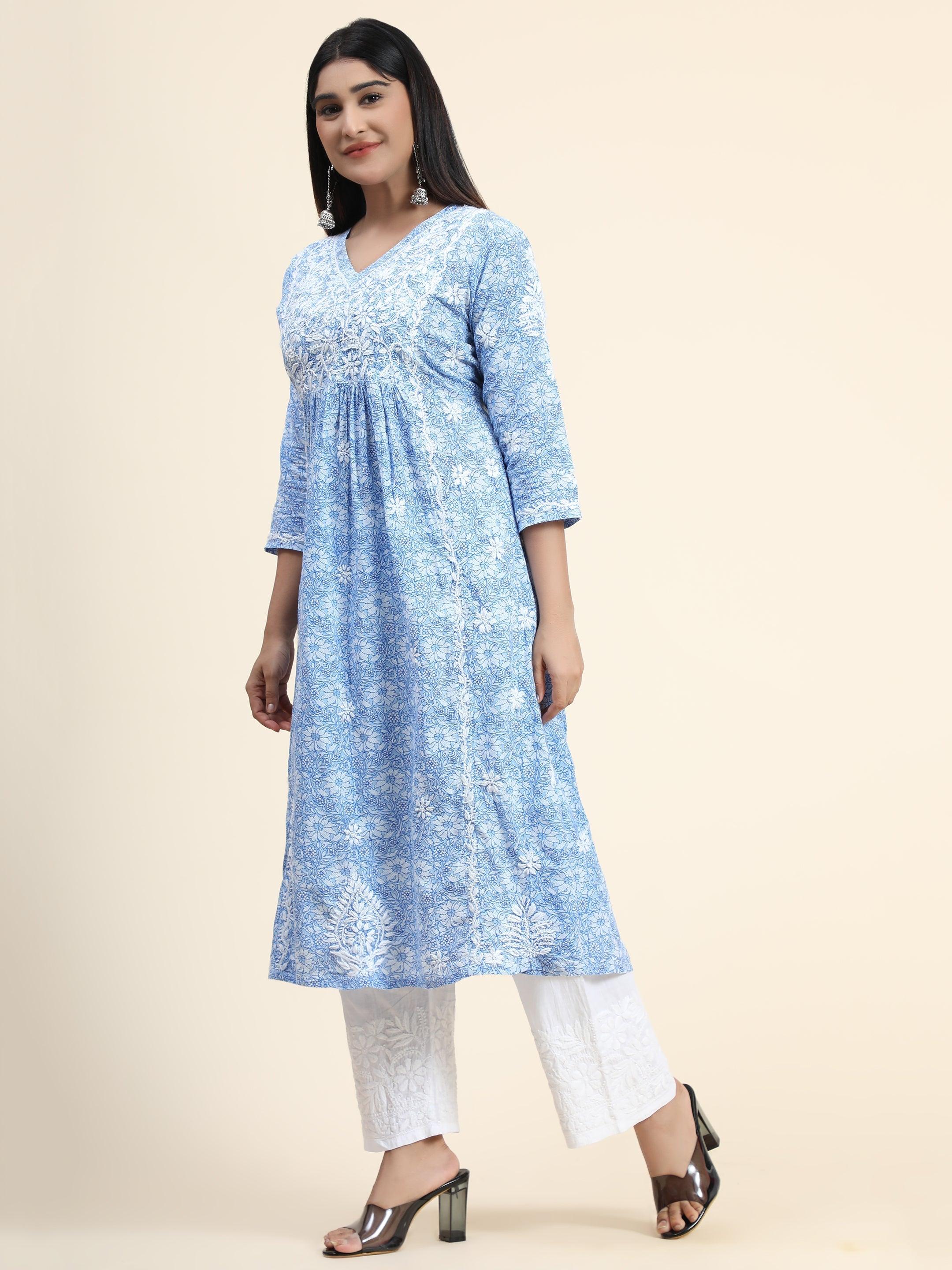 Hand Embroidered Chikankari V-Neck Anarkali Dress | Long Cotton Kurti for Women | Perfect for Weddings, Parties & Festive Occasions