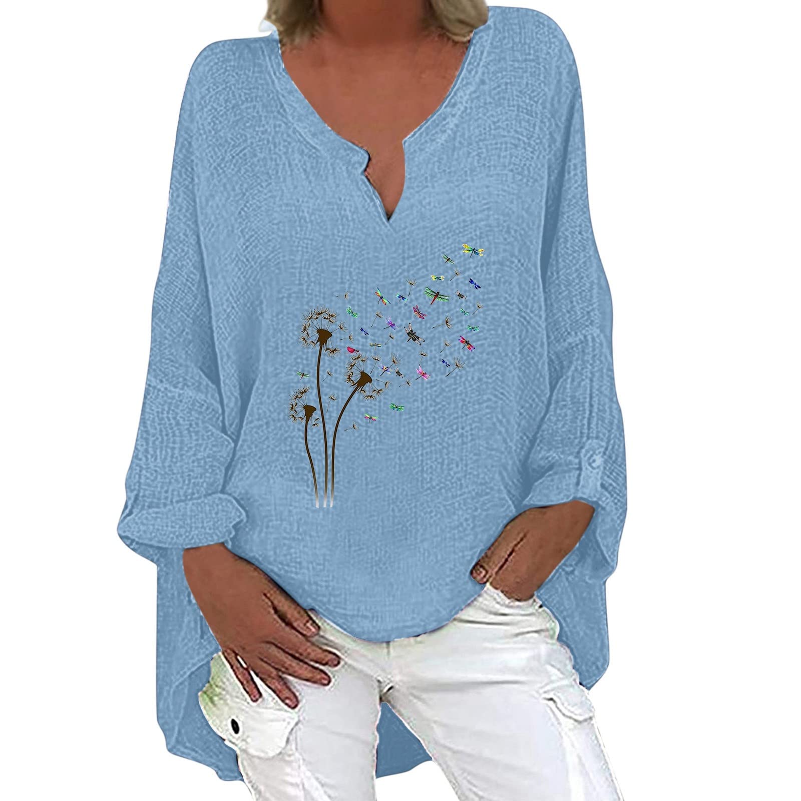 BEUU Women's Long Sleeve V-Neck Sweatshirt - Dandelion Print Casual Loose Fit T-Shirt with Irregular Hem | Perfect for Fall Layering, Weekend Outfits & Coffee Dates