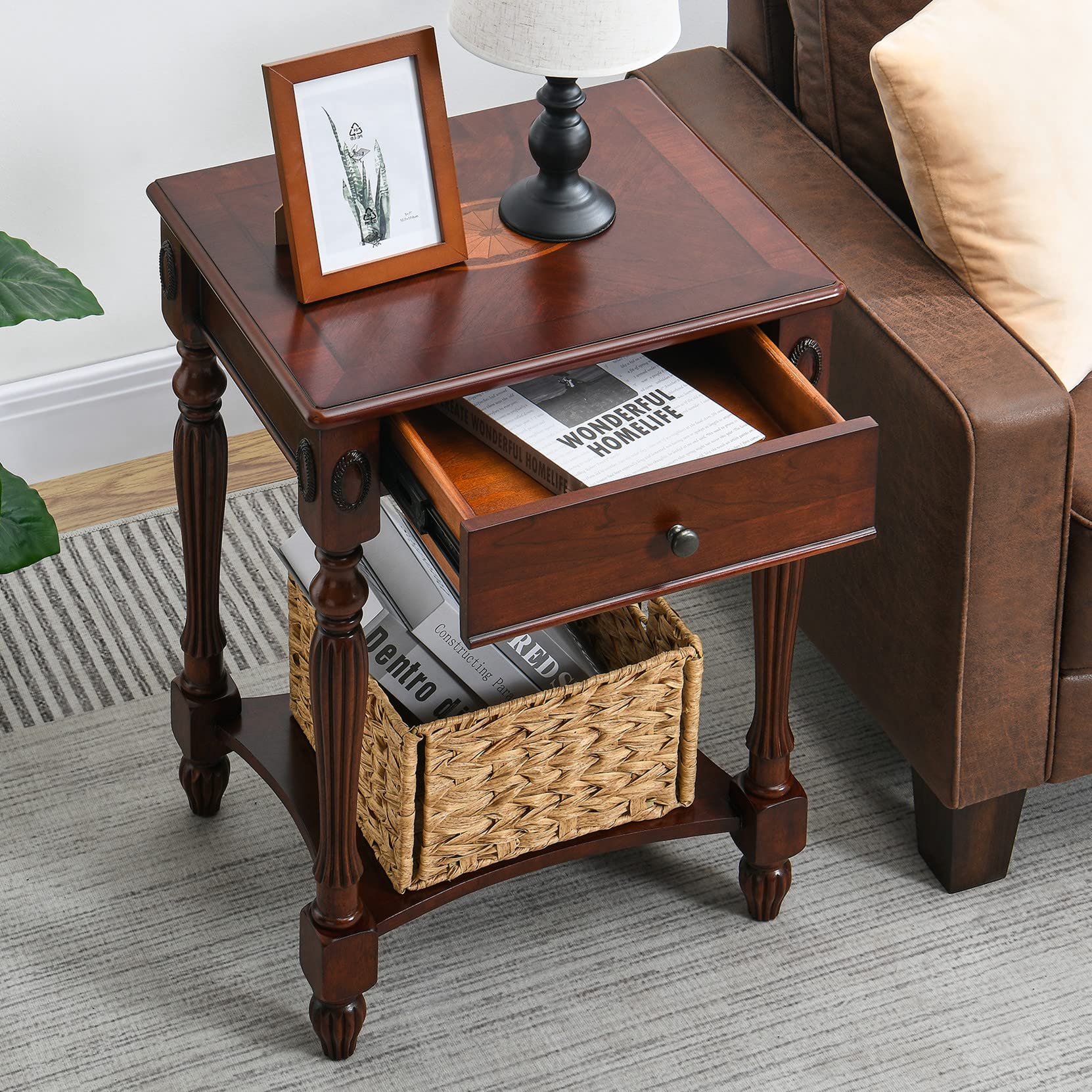 Solid Wood Side Table with Drawer & Storage Shelf - Traditional Walnut End Table, Narrow Telephone Stand, Nightstand & Sofa Table for Living Room, Bedroom & Office - Perfect for Small Spaces & Home Decor (GBJ1533WD)