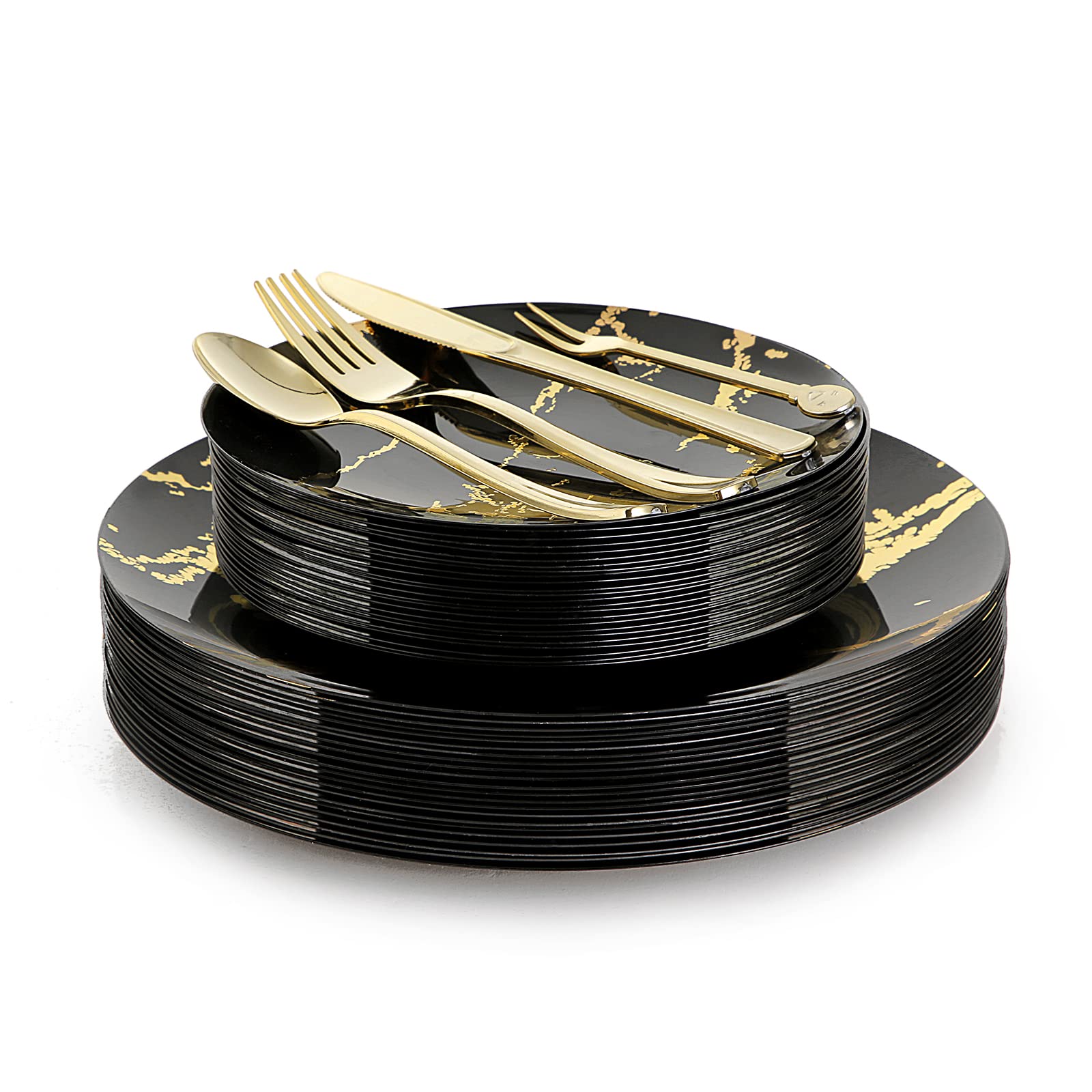 225-Piece Black & Gold Disposable Plastic Dinnerware Set - 25 Dinner Plates, Dessert Plates, Forks, Gold Cups, Napkins & Table Cards - Elegant Party Supplies for Halloween, Weddings & Special Events