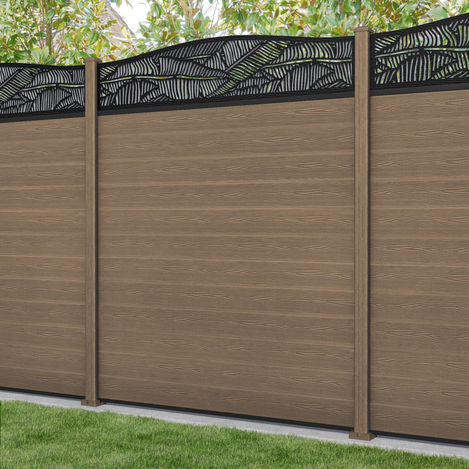 Classic Teak Feather Curved Top Fence Panel with Composite Posts - Perfect for Garden, Patio, and Backyard Privacy Fencing