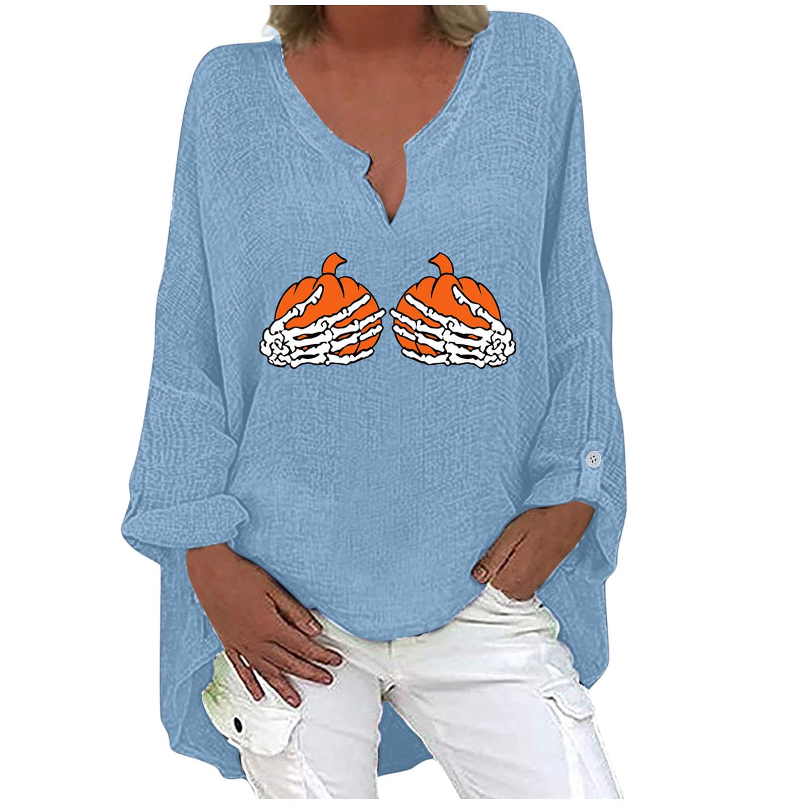 Women's Halloween Tunic Tops - Long Sleeve Casual Shirt with Pumpkin & Skull Print - Fashion V-Neck Cotton Linen Tee for Costume Parties & Spooky Season Outfits