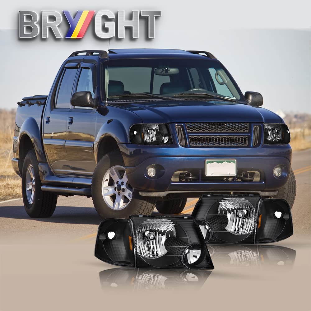 BRYGHT Headlight Assembly Replacement for 2002-2005 Ford Explorer with Corner Lights - 4pc Set (Driver & Passenger Side, Black Housing, Amber Reflector) - Perfect for Night Driving & Off-Road Adventures
