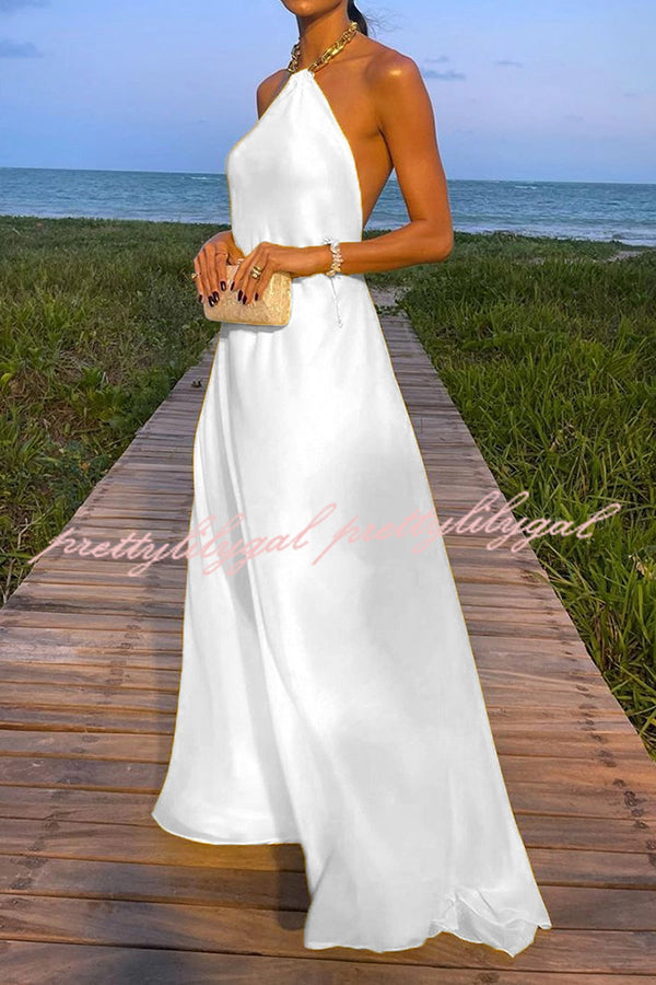 Santorini Vacation Maxi Dress - Backless A-Line Halter Dress with Metal Chain Detail | Perfect for Beach Weddings, Summer Getaways & Boho Fashion