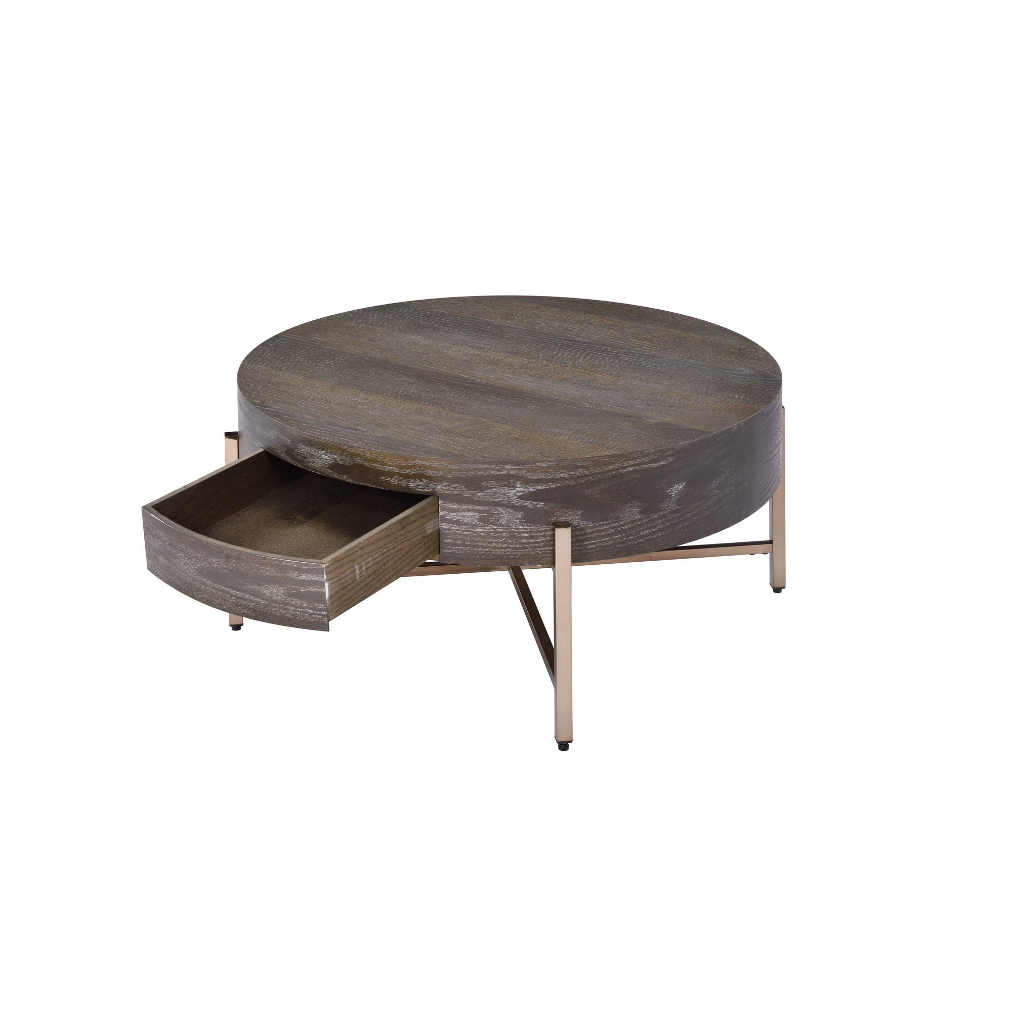Modern Round Coffee Table with Crossed Metal Legs - Brown & Gold for Living Room