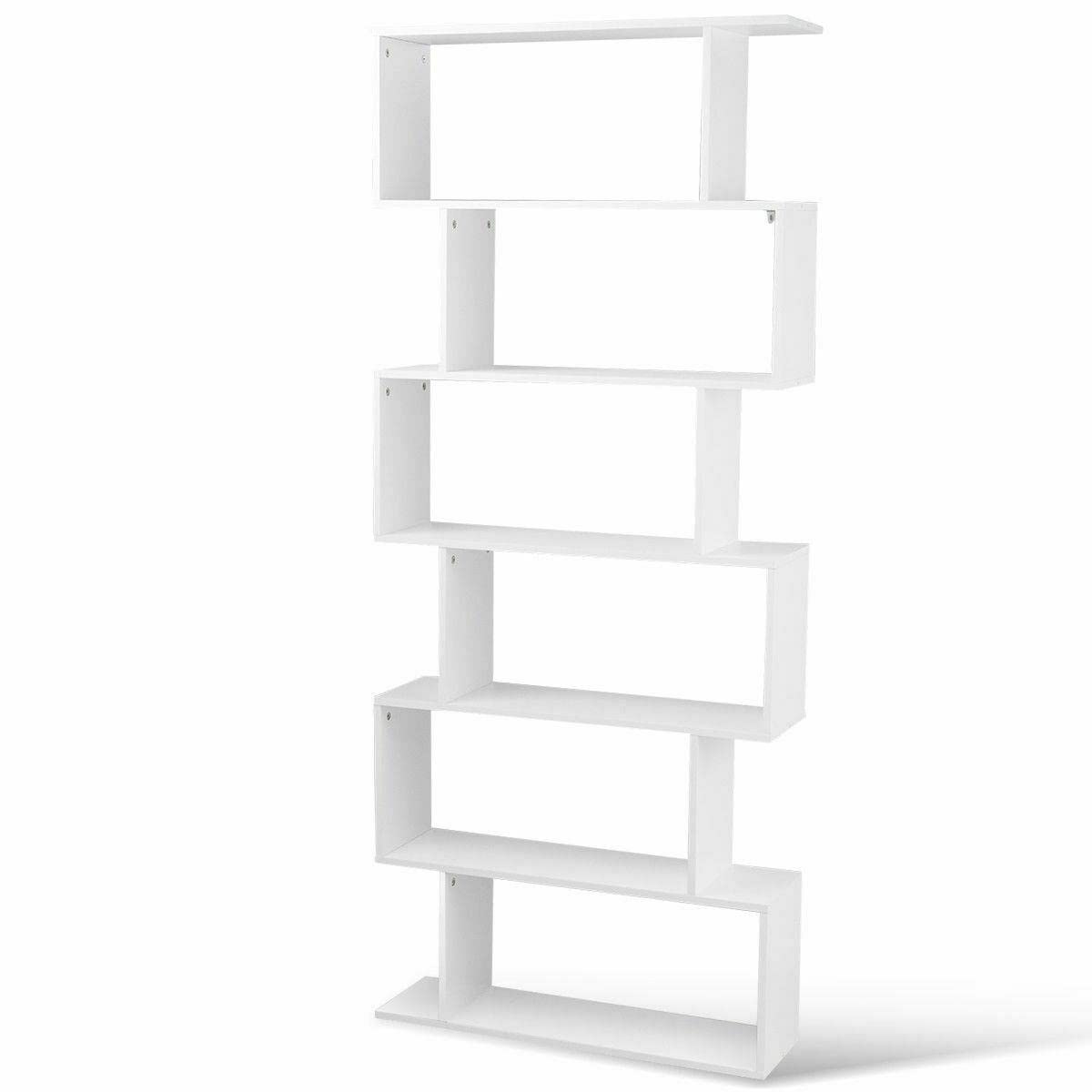 6 Tier S-Shaped Bookcase - Modern Z-Shelf Style Bookshelf in White | Space-Saving Book Storage & Display Shelf for Living Room, Bedroom, Office | BrandMagaz Bookcase Organizer with Wall Mount Option