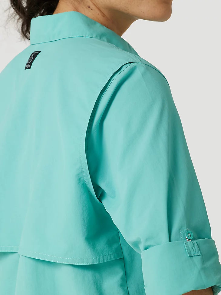 ATG By Wrangler™ Women's Long Sleeve Angler Fishing Shirt - UPF 50+ Sun Protection, Quick-Dry & Breathable - Turquoise Blue for Outdoor Activities, Hiking & Camping
