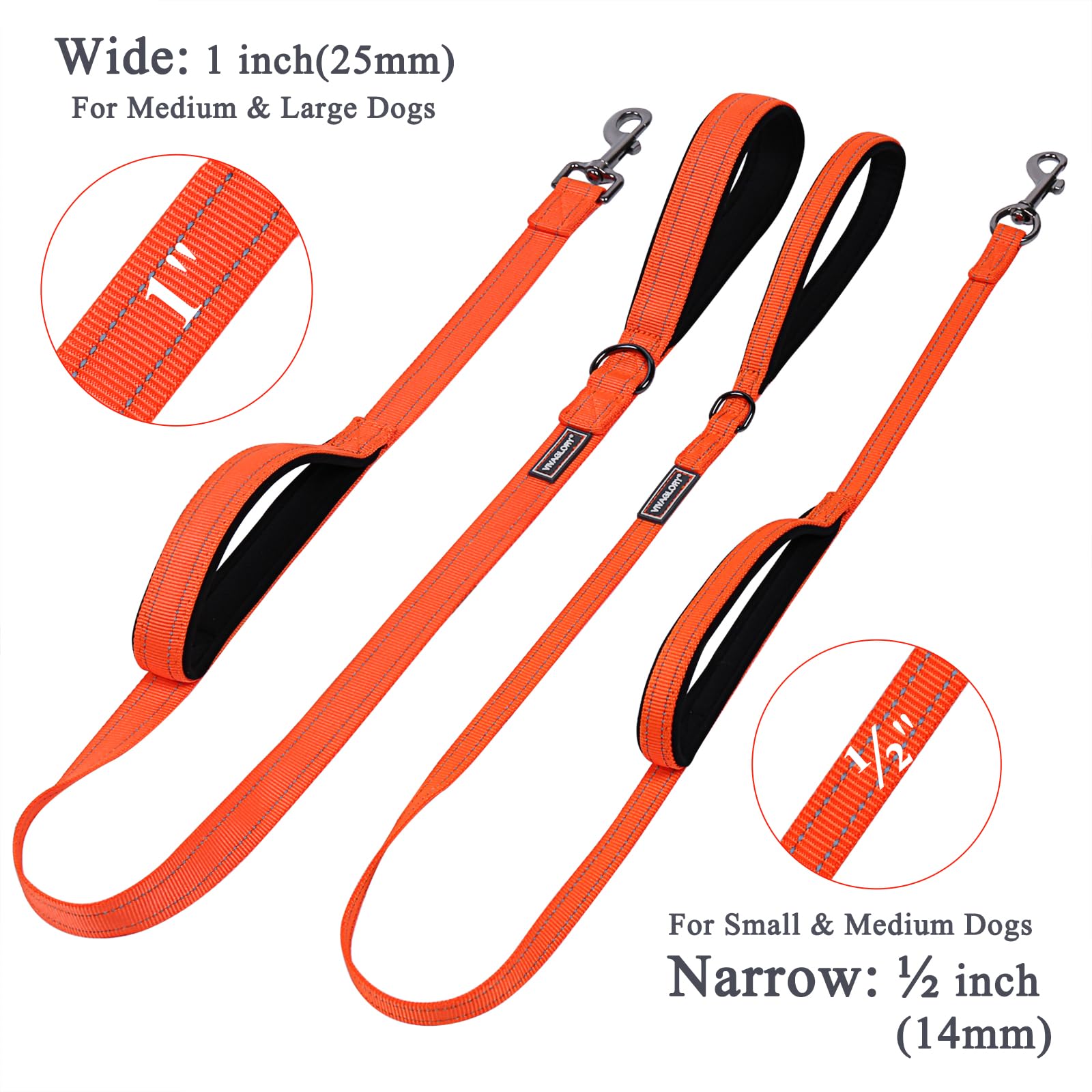 VIVAGLORY Heavy Duty Reflective Dog Leash with Dual Padded Handles - Strong Metal Hook Training Lead for Large Dogs - Orange - Perfect for Walking, Running & Nighttime Safety