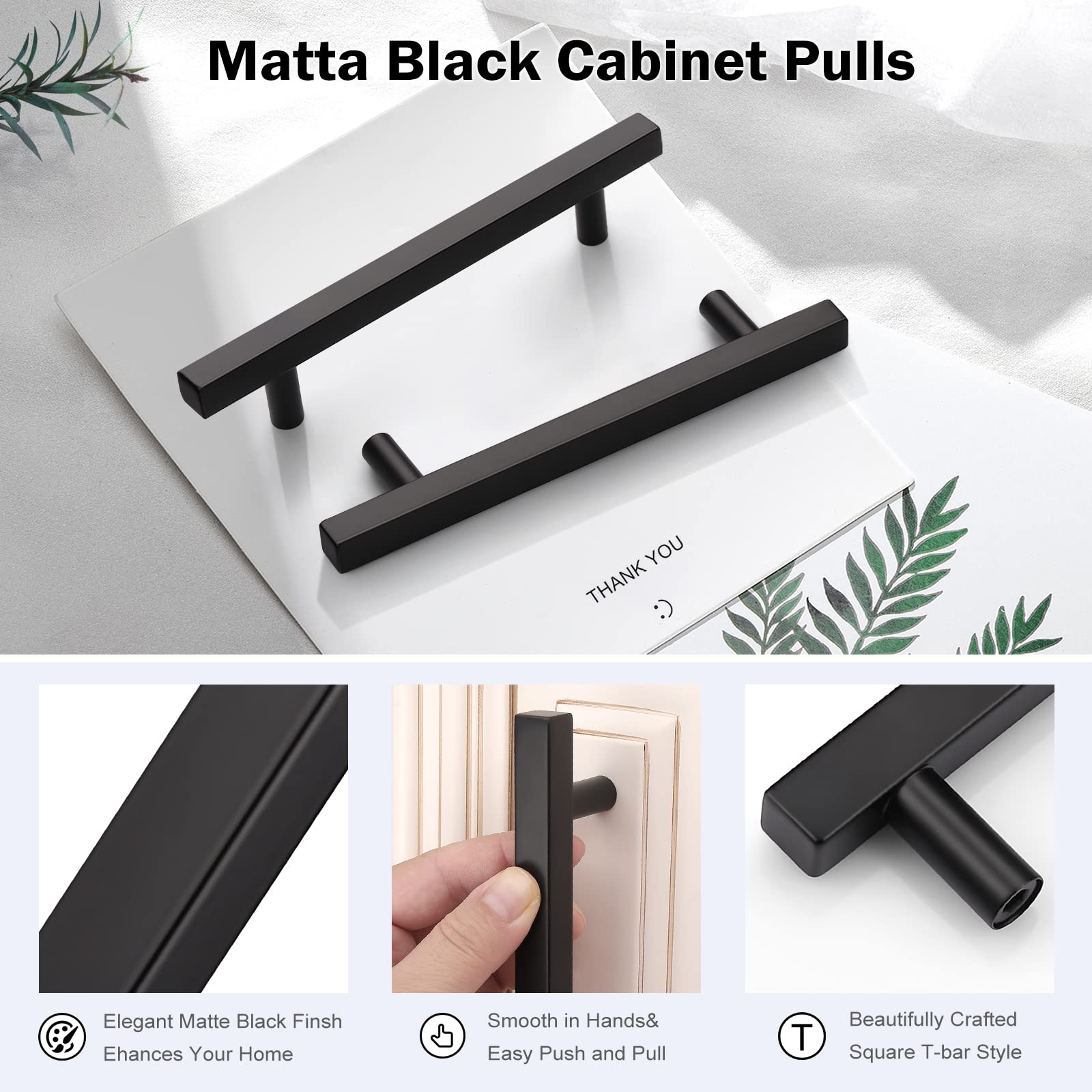 KNOBWELL 12 Pack 5 Inch Matte Black Modern Cabinet Handles - Square T Bar Drawer Pulls for Vanity, Nightstand, Closet (7.5