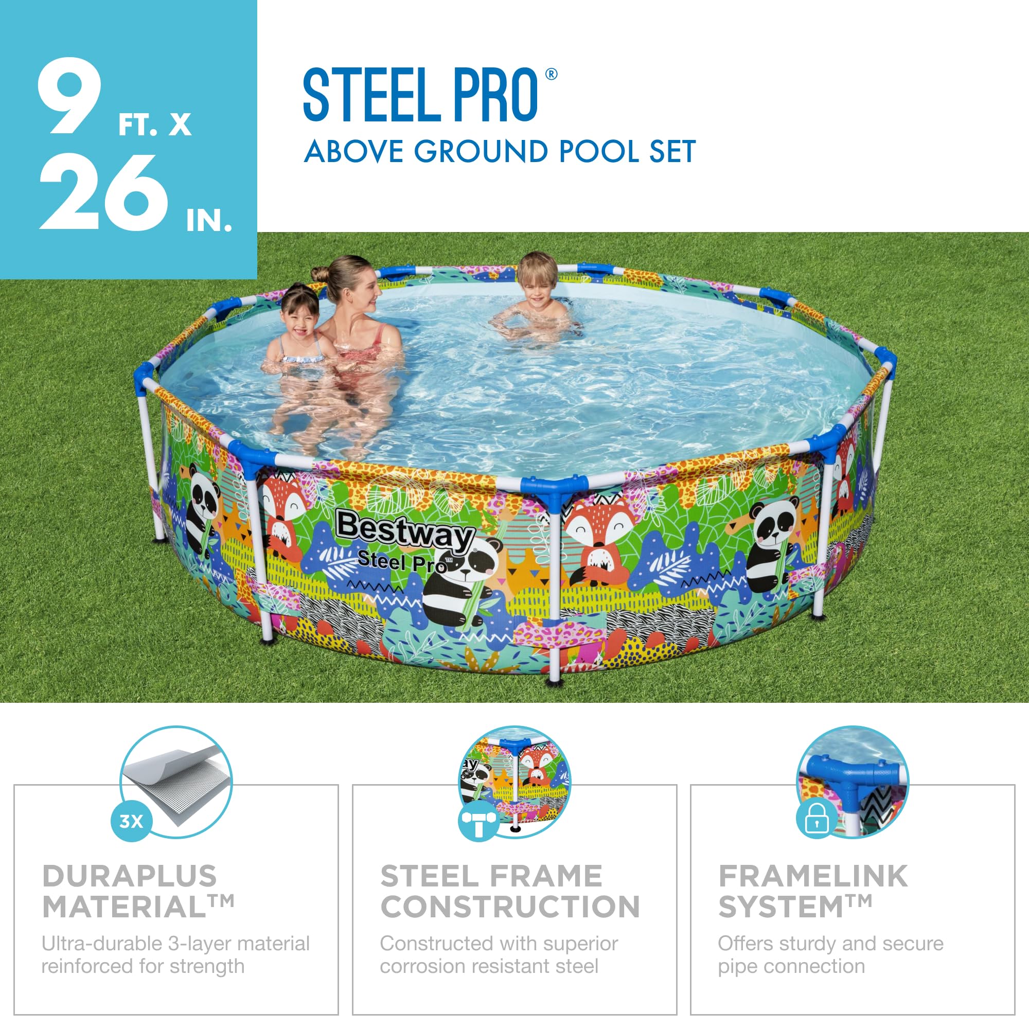 Bestway Steel Pro 9ft x 26in Above Ground Round Outdoor Backyard Swimming Pool - 851 Gallon Water Capacity with Panda Jungle Print | Perfect for Family Fun, Summer Parties & Backyard Relaxation