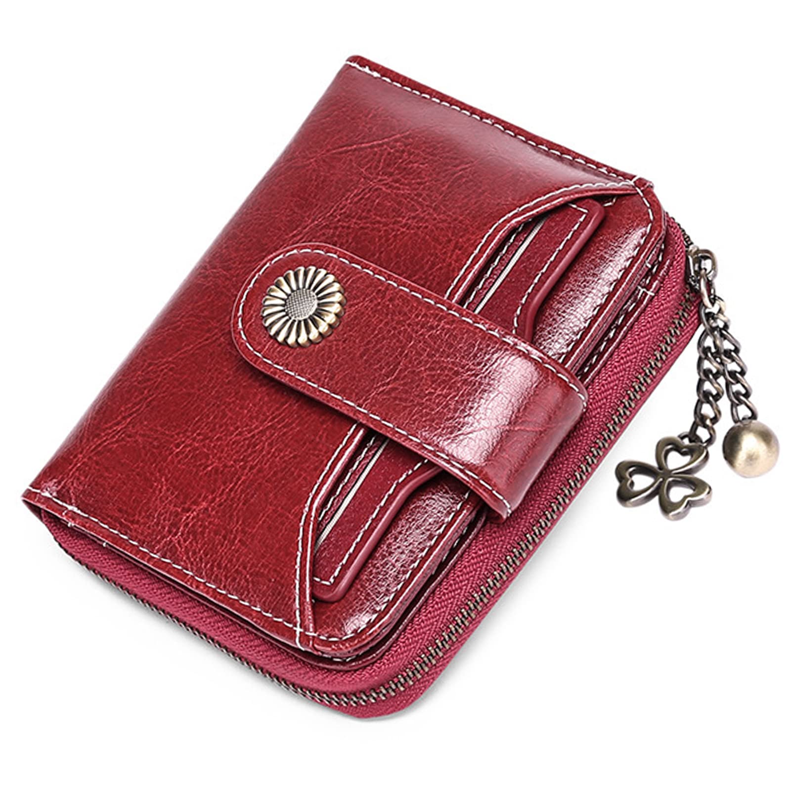 RFID Blocking Genuine Leather Women's Small Bifold Wallet with Zipper Pocket & ID Window - Classic Red - Perfect for Everyday Use, Travel, and Credit Card Protection