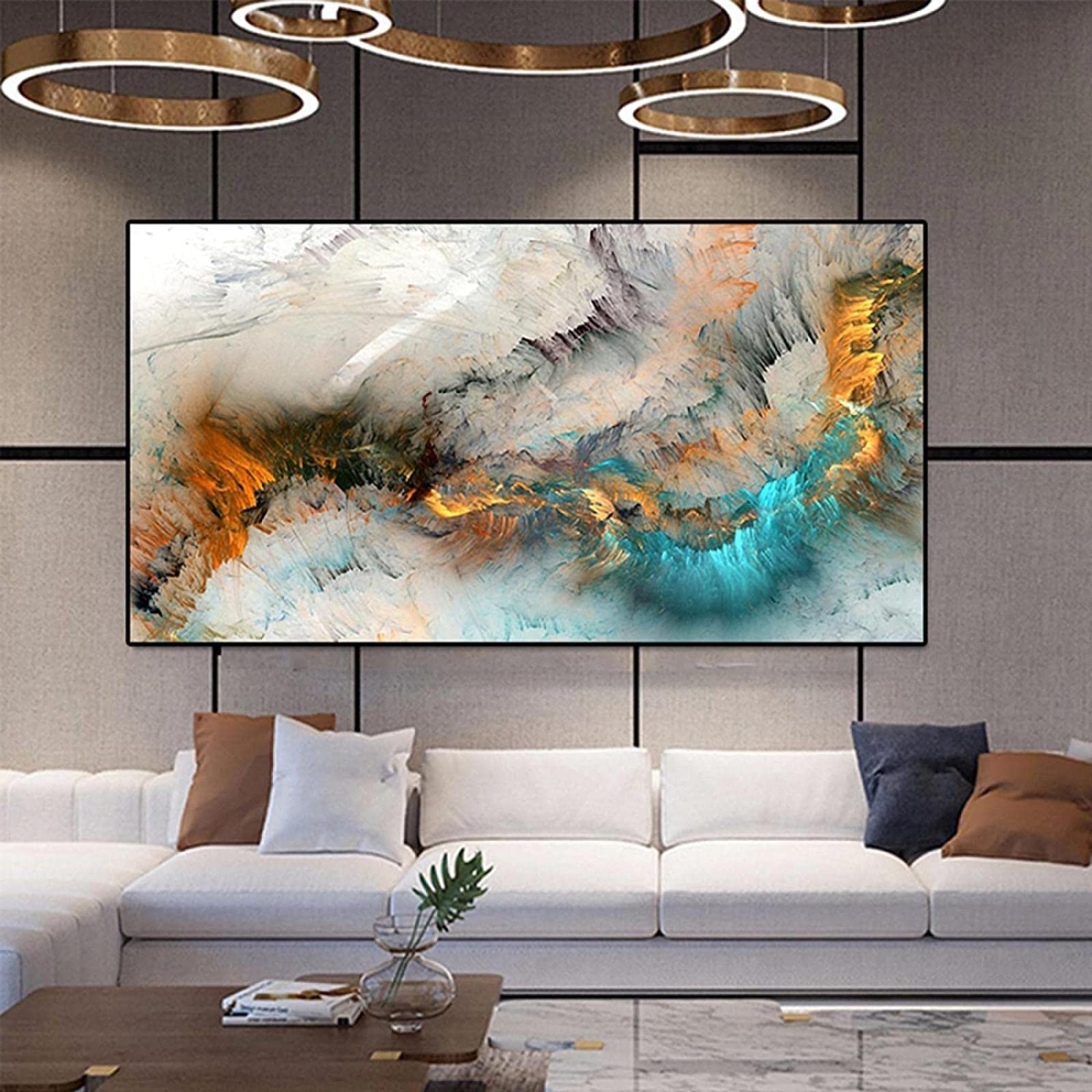 Light Gray Blue Yellow Abstract Cloud Canvas Wall Art - 80x160cm Framed Painting for Living Room, Bedroom & Office Decor | Modern Home Interior Design