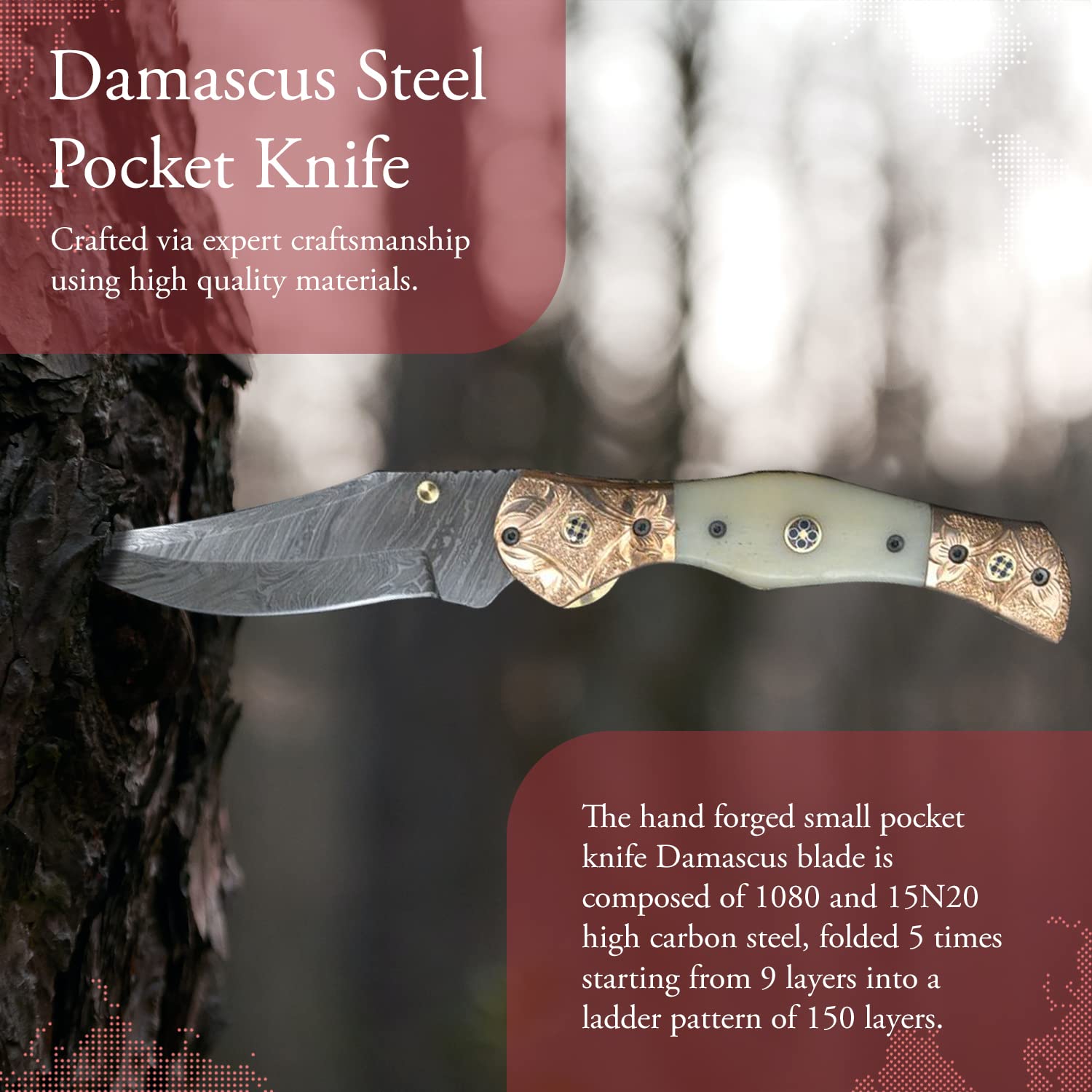 Hand Forged Damascus Steel Folding Pocket Knife - Premium Camping & Survival Knife with Leather Sheath - Handmade Hunting Knife for Outdoor Enthusiasts - Perfect for Camping, Hiking, Bushcraft and Everyday Carry (EDC)