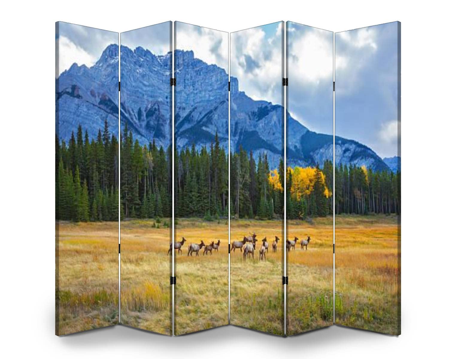 VDSRYGMLB Wooden Room Divider with Deer & Calves Design - 6-Panel Folding Privacy Screen, Dual-Sided Canvas Partition for Home & Office - Perfect for Bedroom, Living Room, and Studio Decor