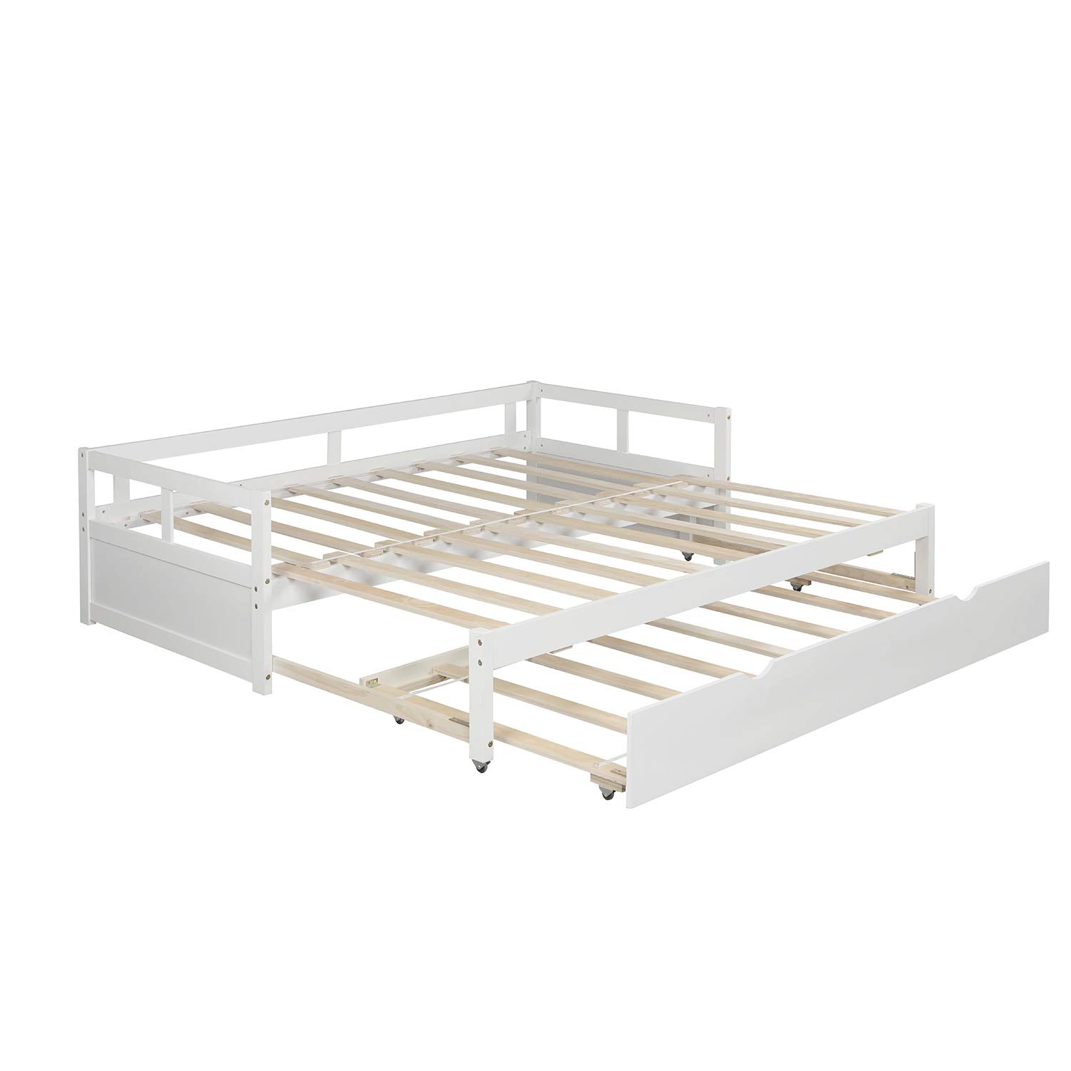 Convertible Daybed with Trundle - Twin to King Size Wooden Sofa Bed | Extendable Guest Bed for Small Spaces | Perfect for Living Room, Bedroom & Home Office (White)