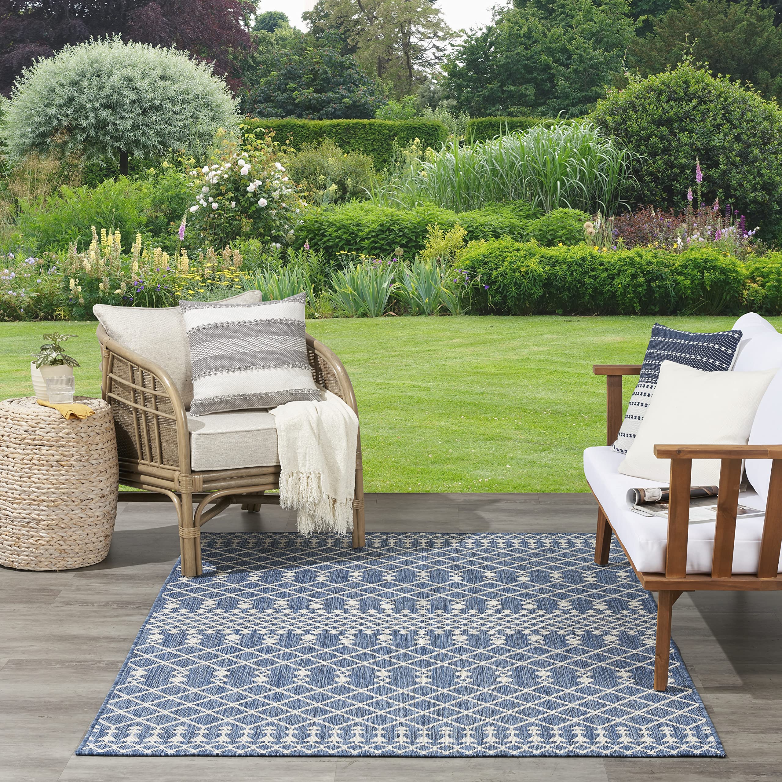 Nourison Positano 8' x 10' Navy Blue Indoor Outdoor Area Rug - Easy Clean, Non-Shedding, Stain Resistant - Perfect for Bedroom, Living Room, Dining Room, Backyard, Deck & Patio Decor