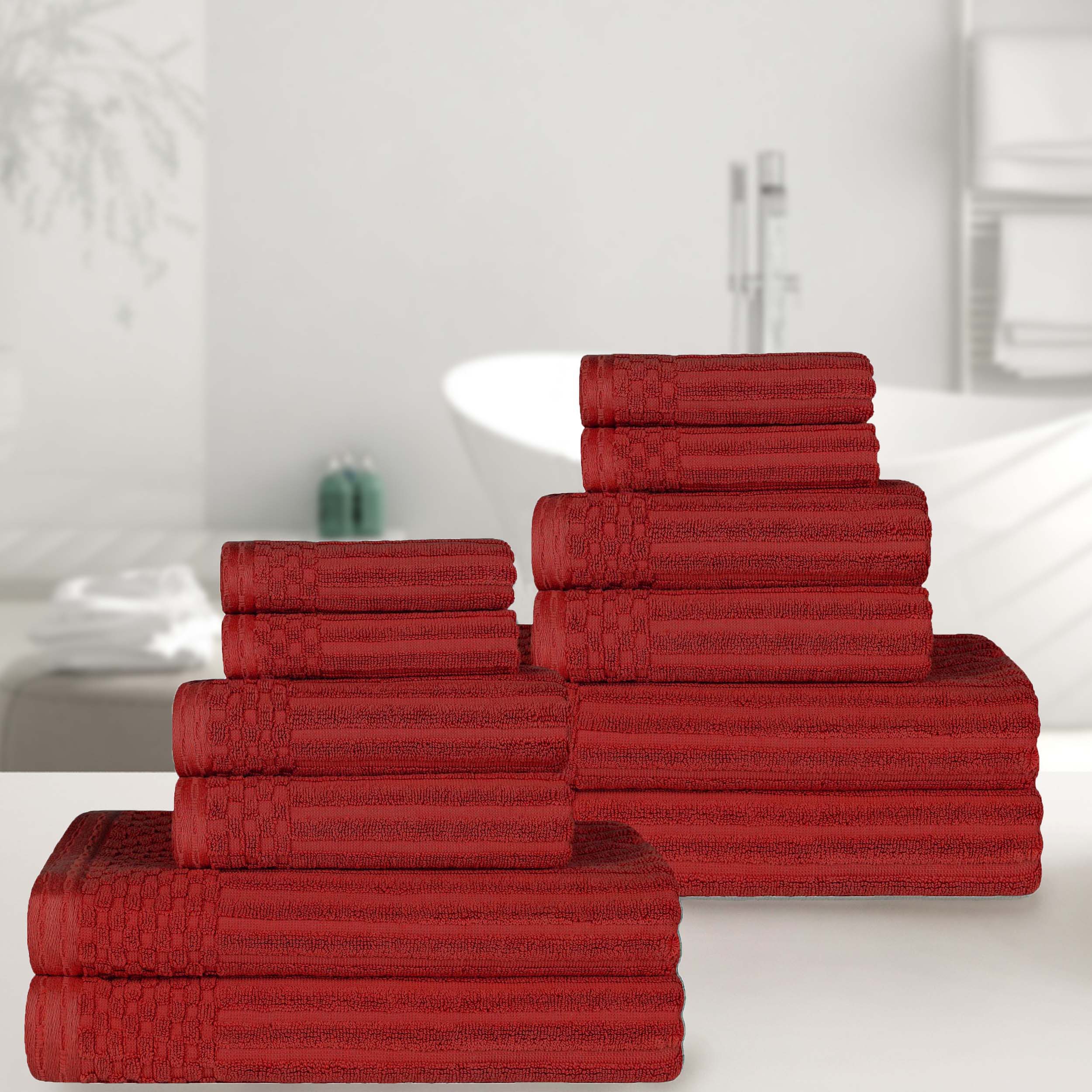 Premium 12-Piece Ribbed Cotton Towel Set - Soft, Absorbent & Medium Weight - Perfect for Bathroom, Spa & Guest Use