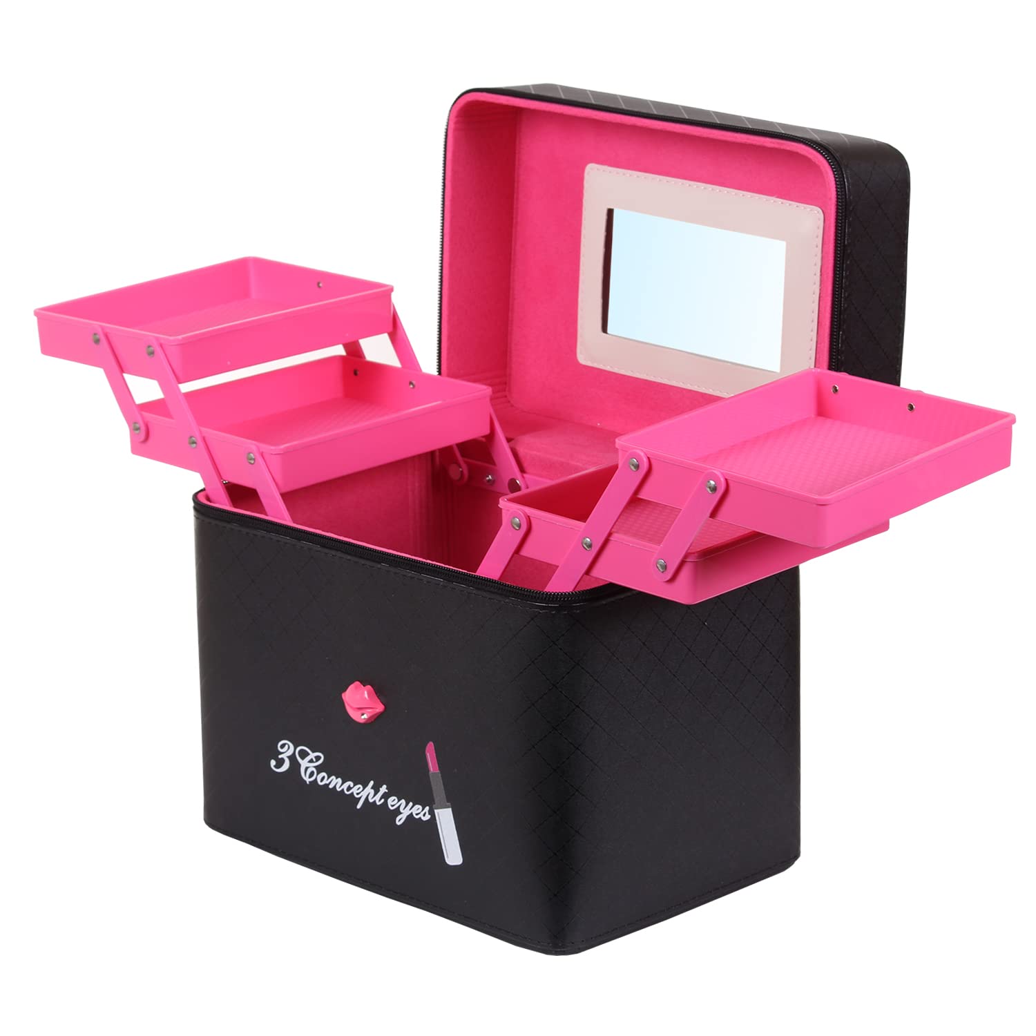 Premium Leather Cosmetic Organizer Box with Mirror | 2-Sided Open Makeup Vanity Case for Brushes & Cosmetics | Perfect for Travel, Home Vanity & Professional Makeup Artists (Black)