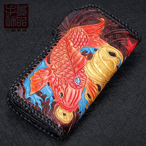 Handmade 3D Genuine Leather Biker Wallet for Men - Custom Engraved & Hand-Painted Long Wallet with Koi Fish Design - Perfect for Motorcycle Riders, Gift Giving & Everyday Use