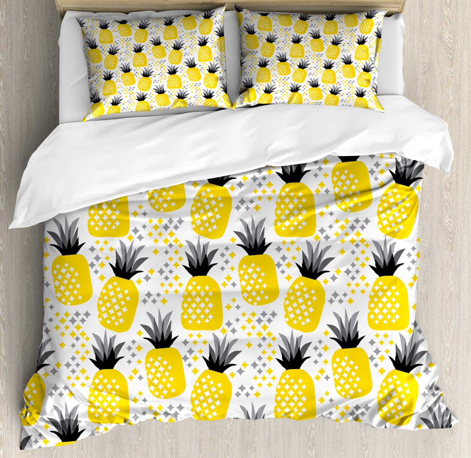Ambesonne Exotic Duvet Cover Set Queen Size - Tropical Pineapple Print 3 Piece Bedding with 2 Pillow Shams, Yellow Grey Black Coastal Theme for Beach & Island Decor | Perfect for Guest Rooms, Vacation Homes & Tropical Bedroom Makeovers